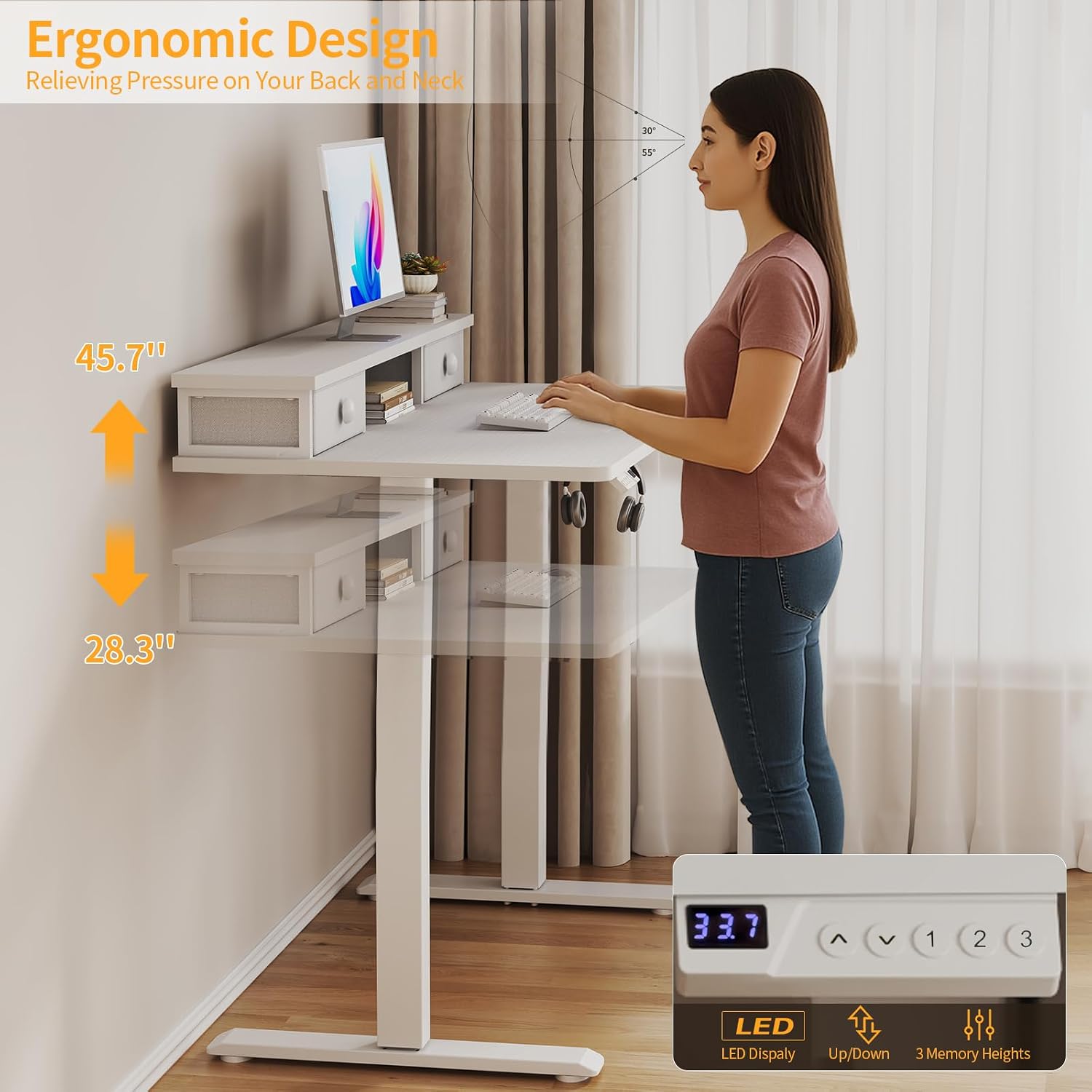 White Electric Standing Desk with Drawers - 40 Inch Small Standing Desk with Shelf Monitor Stand Storage Height Adjustable for Home Office, Study Writing Girls Computer Sit Stand Desks for Bedroom