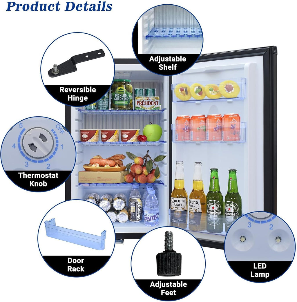 Smad Locking Mini Fridge, No Noise 110V/12V Compact Refrigerator 2 Ways RV Truck Caravan Beverage Car Mini Fridge with Lock, Reversible Door, 1.7 Cu.Ft, Black