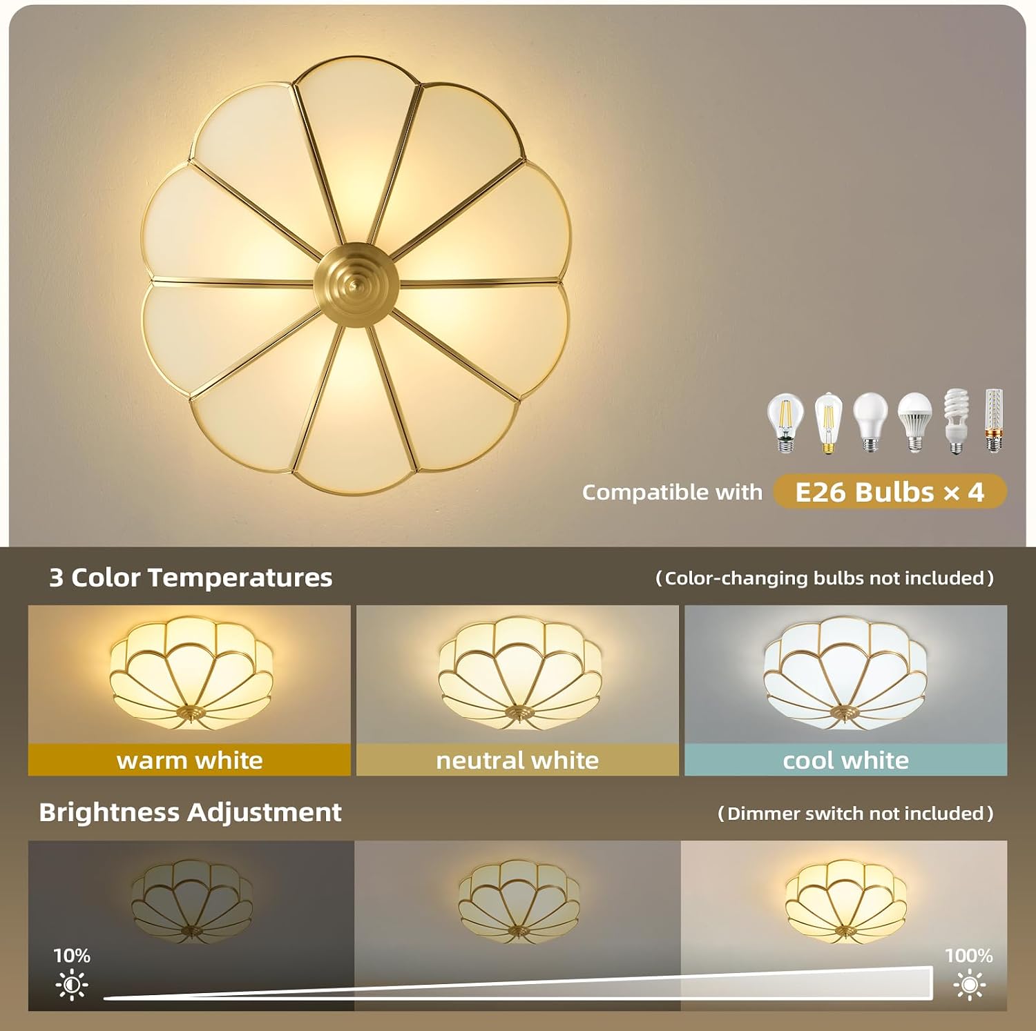 Brass Vintage Gold Ceiling Light - Large 17.7 Inch Milk Glass Mid Century Flush Mount Lighting Fixtures - Art Deco Antique Modern Lamp for Hallway Bathroom Bedroom Kitchen Entryway Laundry Foyer Hall