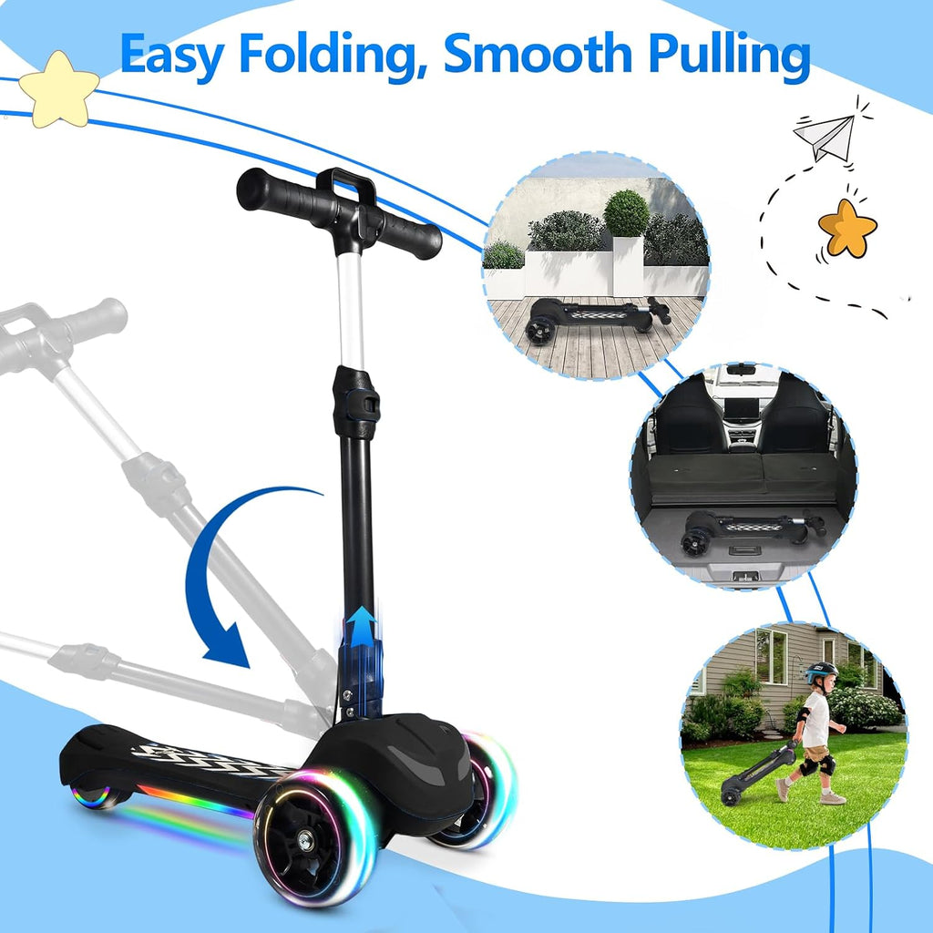 Electric Scooter for Kids Ages 3-12, Full Body Lights Up, Wide Deck, 3 Adjustable Heights, 5MPH Safe Speed, 90min Riding, Foldable 3 Wheel Electric Scooter for Kids Boys Girls Toddler