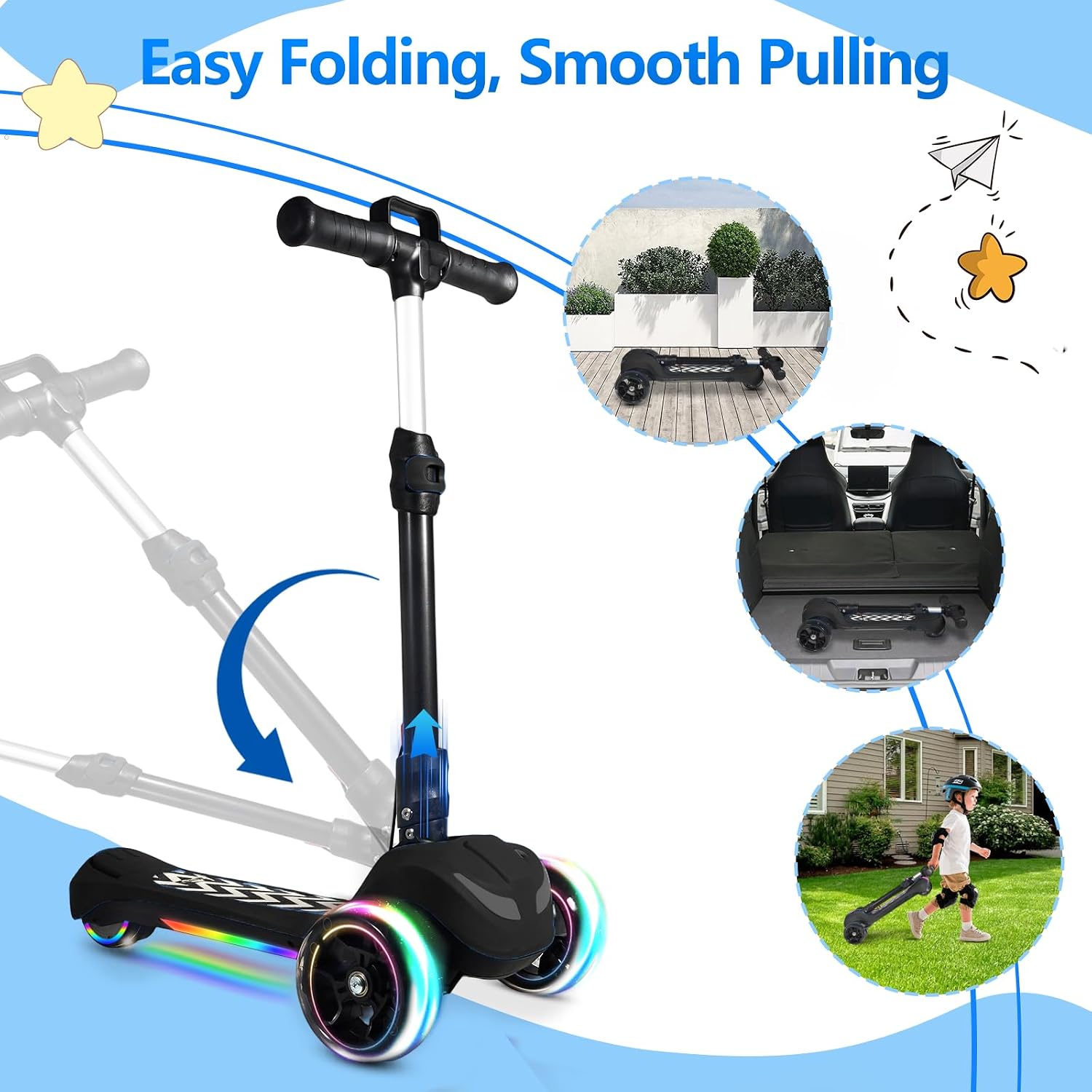 Electric Scooter for Kids Ages 3-12, Full Body Lights Up, Wide Deck, 3 Adjustable Heights, 5MPH Safe Speed, 90min Riding, Foldable 3 Wheel Electric Scooter for Kids Boys Girls Toddler