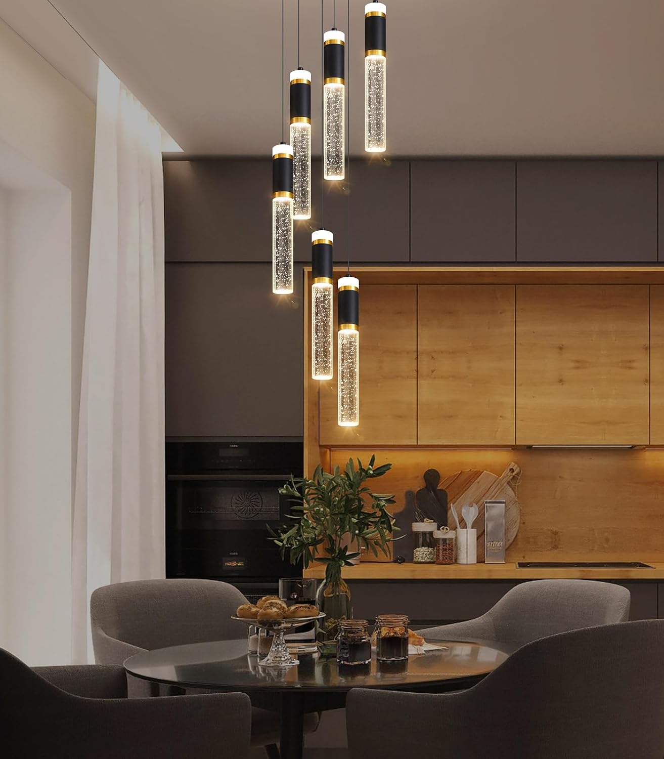 6-Lights Modern Crystal Spiral Chandelier for Staircase High Ceiling Chandeliers Bubble Pendant Lighting Hanging Light Fixture Flush Mount for Living Room Foyer Entryway