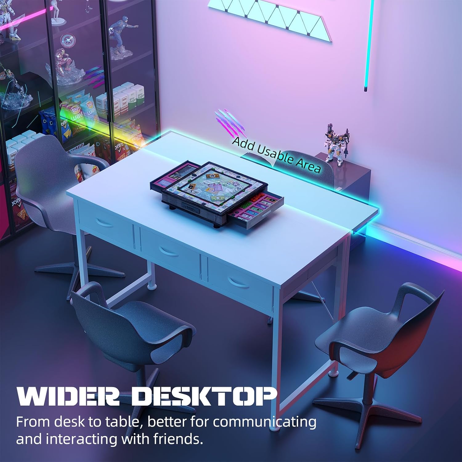 MUTUN Computer Desk with Drawers, 40 Inch Computer Desk with Power Outlet & LED Light, Gaming Desk with Adjustable Monitor Stand & Pegboard, Modern PC Study Writing Table for Bedroom, White