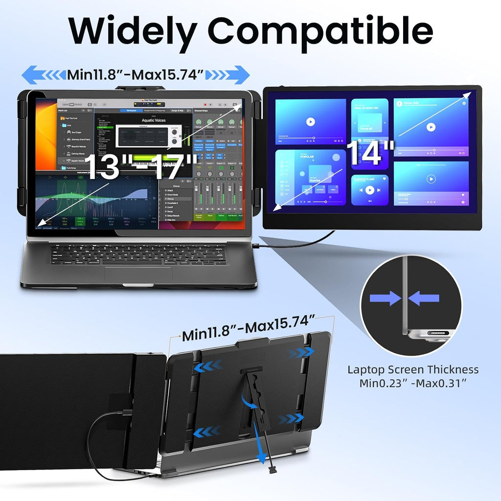 BOSII Laptop Screen Extender Monitor - 14 Inch Dual IPS FHD 1080P HDMI/USB-A/Type-C Extended Portable Monitor for Laptops (Maximum Length: 15.74') Compatible with Windows Mac Travel Work
