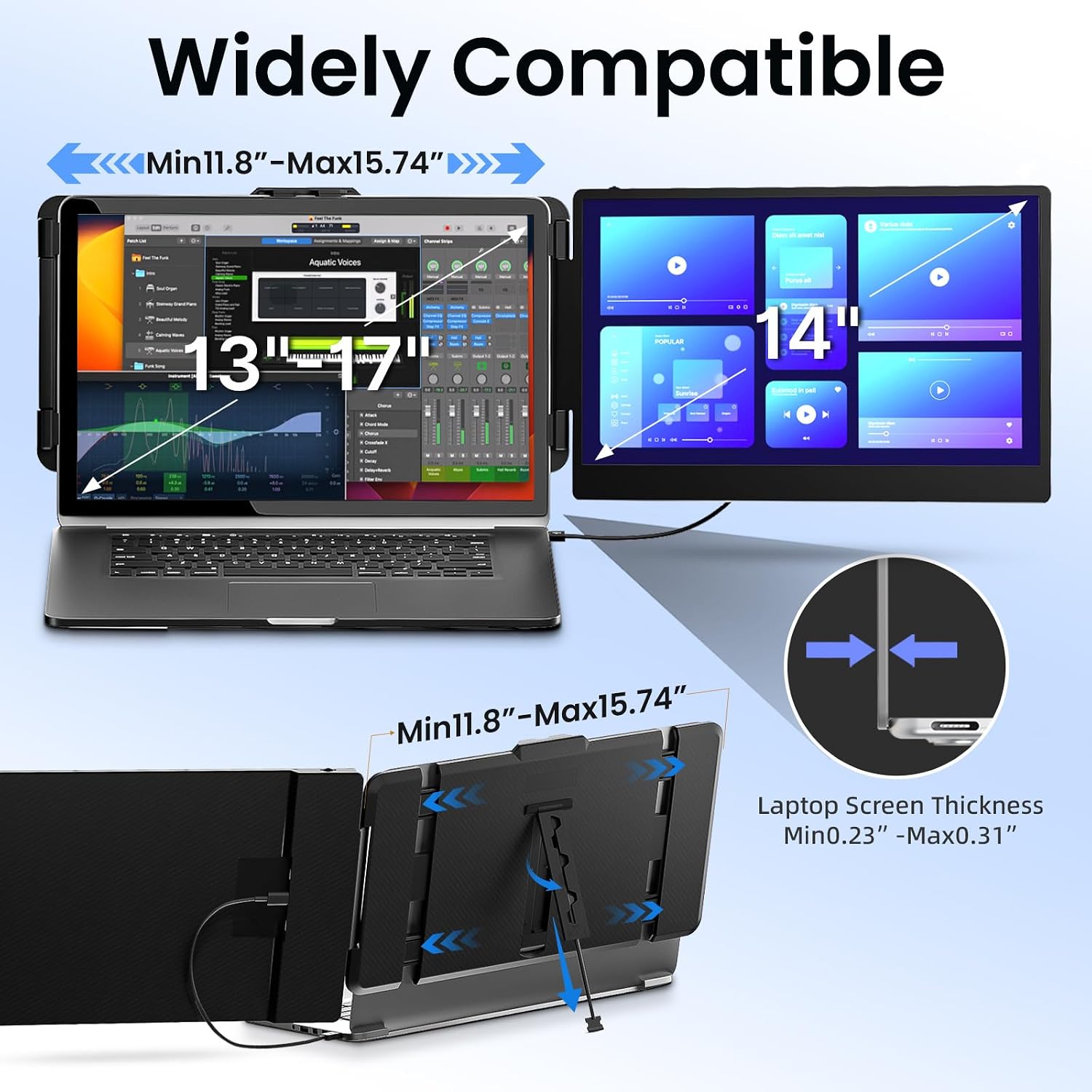 BOSII Laptop Screen Extender Monitor - 14 Inch Dual IPS FHD 1080P HDMI/USB-A/Type-C Extended Portable Monitor for Laptops (Maximum Length: 15.74') Compatible with Windows Mac Travel Work
