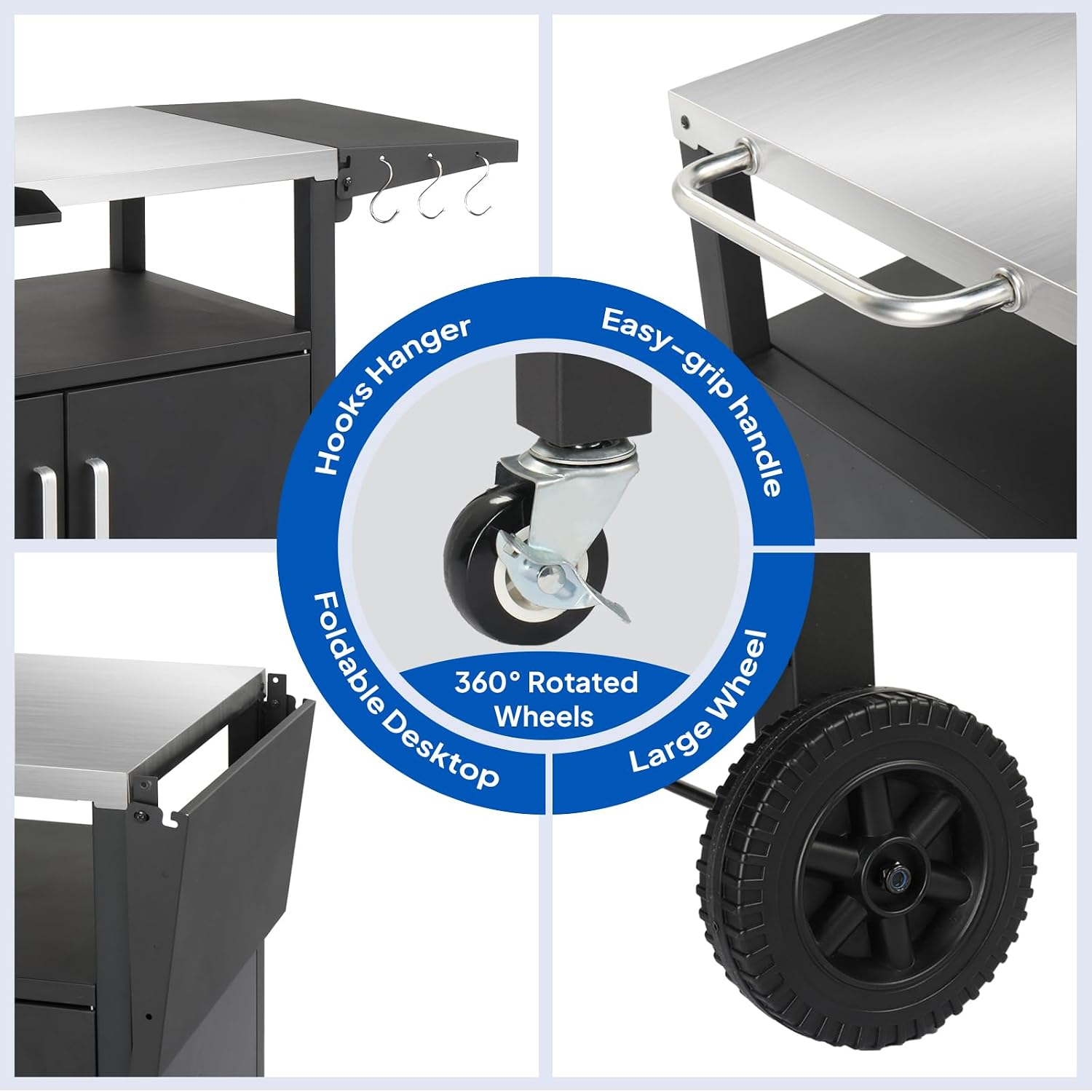 ROVSUN Gourmet Grill Cart with Storage, Movable Grill Table with Wheels, Hooks and Spice Rack, Stainless Steel Top & Storage Cabinet, Pizza Oven Cart for Camping, Tailgating, and Outdoor Cooking