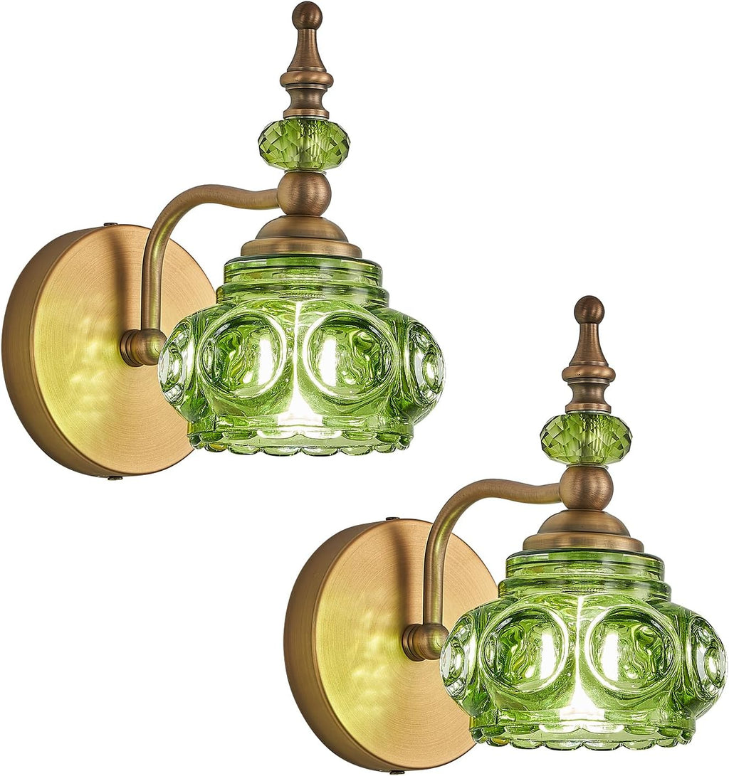 2-Pack Wall Sconces Green + Brass Bathroom Vanity Lighting Fixtures, Vintage Vanity Light Rust-Proof and Durable for Bedroom Living Room Hallway