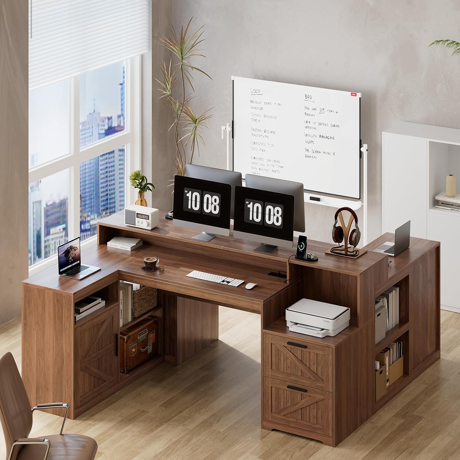 TVU Farmhouse L Shaped Desk with Drawers, 62.2' Home Office Desk with Storage Shelves and Power Outlet, L Shaped Computer Desk with Monitor Stand and Printer Shelf, Brown