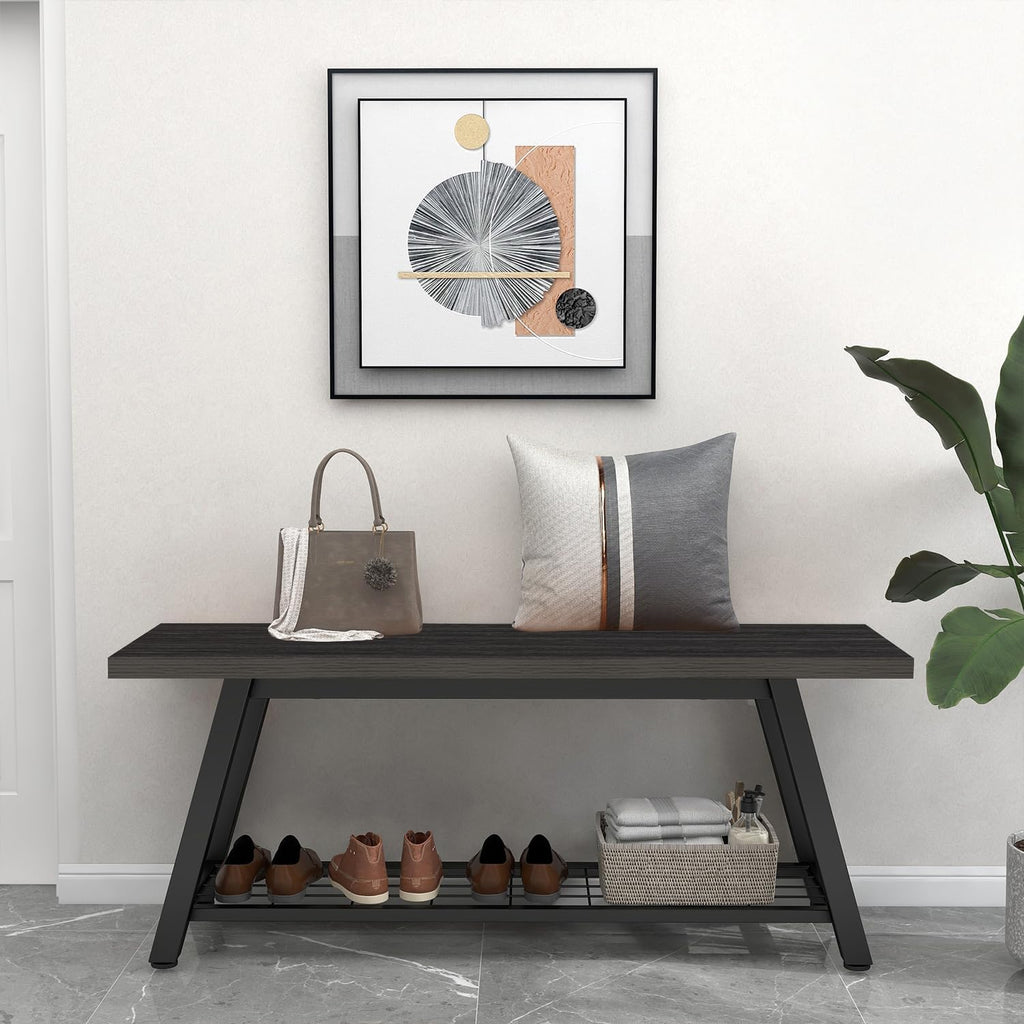 Oastreeful Industrial Entryway Bench Rustic Wood and Metal Storage Bench for Indoor Living Dining Room Bedroom Long Shoe Benches Seat (Charcoal Black)