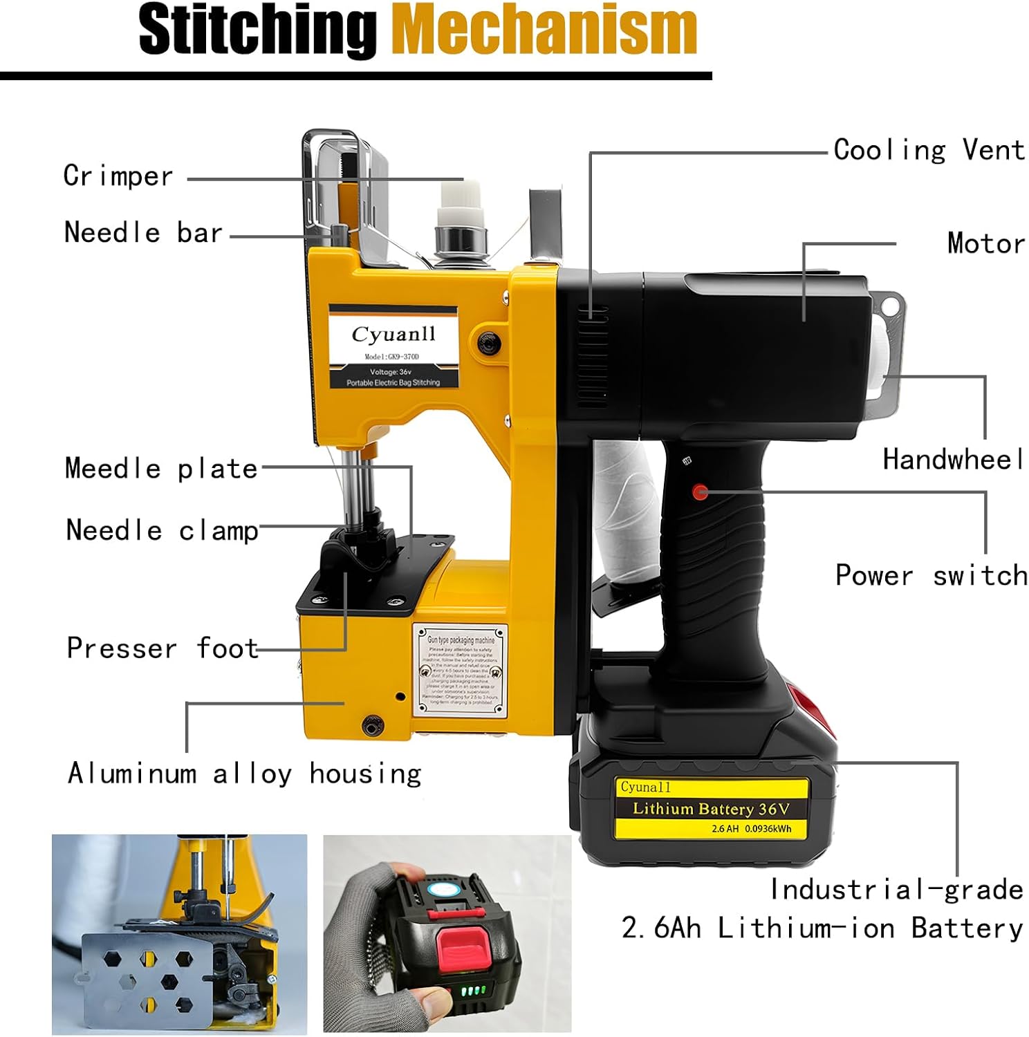Bag Sewing Machine-Portable Battery Handheld Cordless Bag Sewing Machine,Automatic Bag Stitcher With Thread for Burlap Sack, Canvas,Feed Sacks,Rice Bags,Jute Bags,Seed Bags(Machine+1 battery)-Yellow