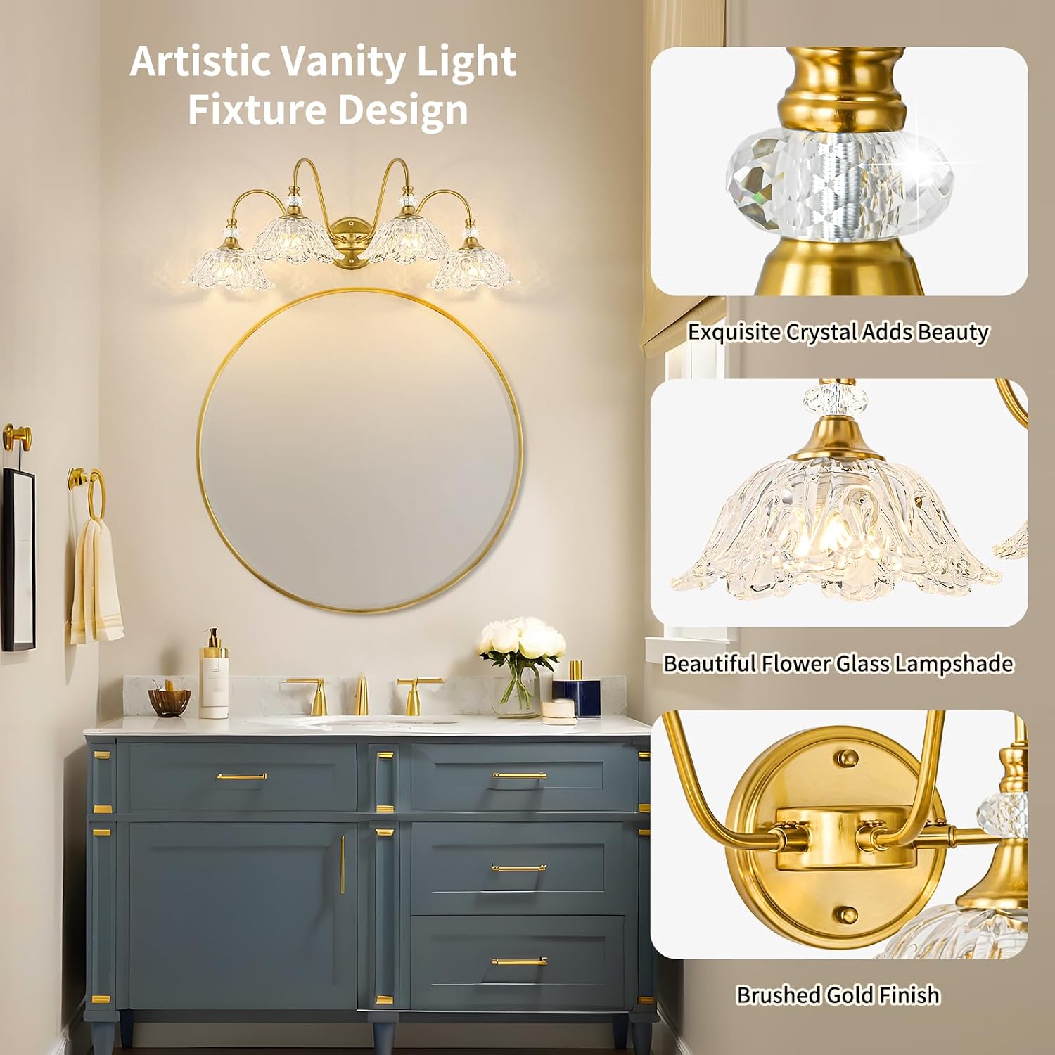 Gold Bathroom Vanity Light, 4-Light Brushed Gold Finish Vanity Light with Floral Clear Glass Shades, Vintage Wall Mount Lighting for Bathroom, Dressing Table