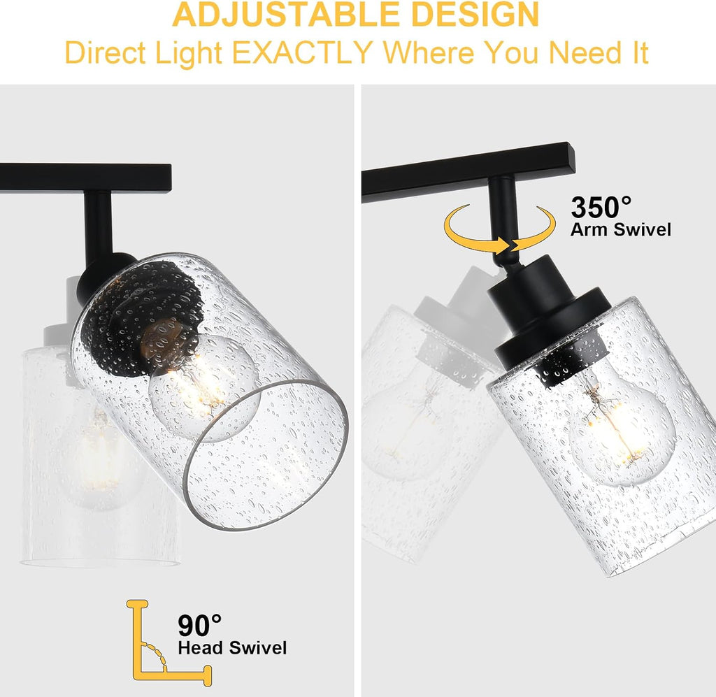 4-Light Black Track Lighting Kit Ceiling Mount Kitchen Track Lighting Fixtures, Bathroom Ceiling Tracking Vanity Light with Bubble Seeded Glass Shade & Rotatable Tracking Heads for Accent Shop