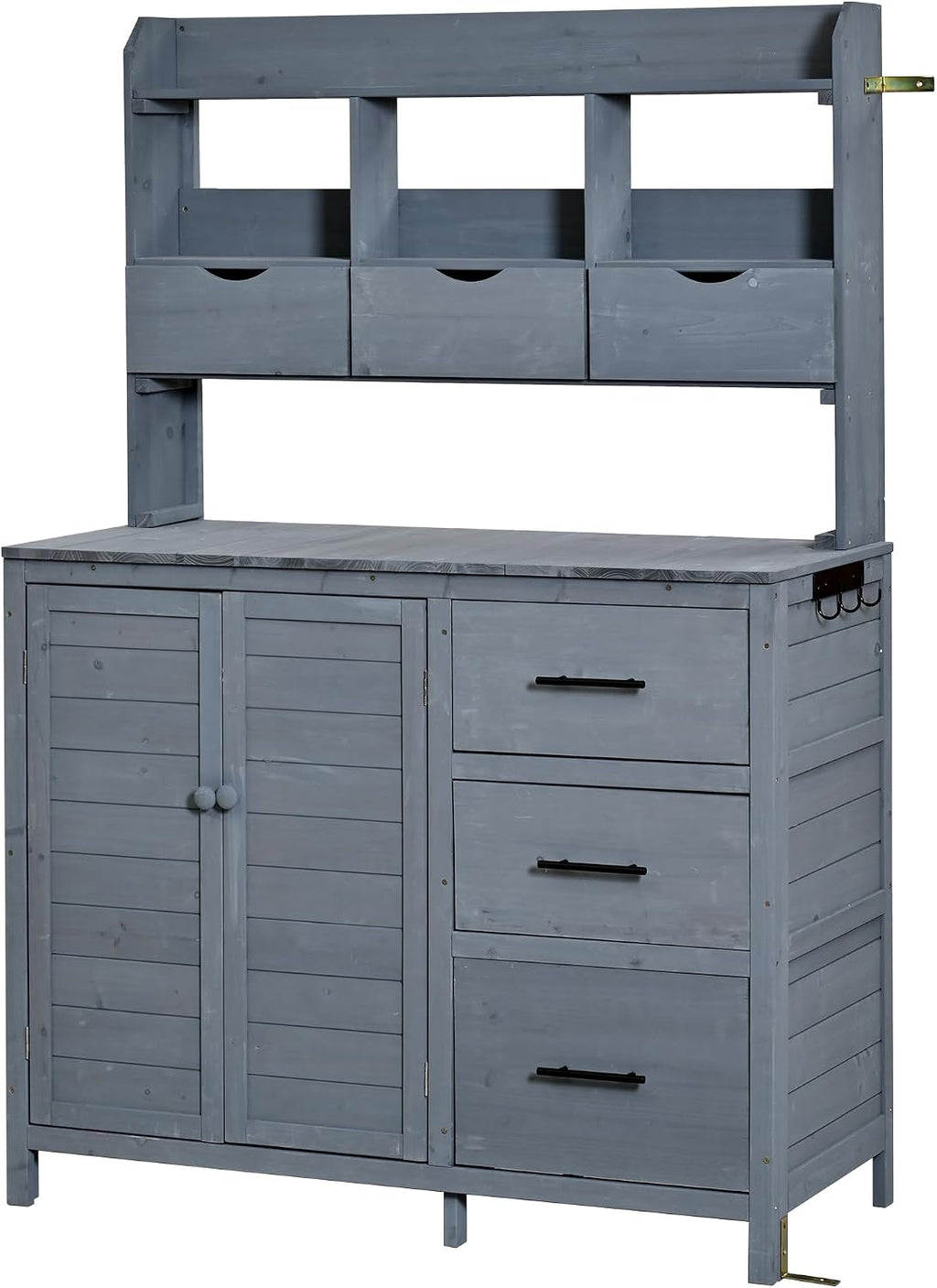 65' H Large Patio Potting Bench, Farmhouse Garden Workstation with 6 Drawers, Bottom Cabinet and Side Hook, Adjustable Shelf, Fir Wood Frame Outdoor Kitchen Island (Gray/101)