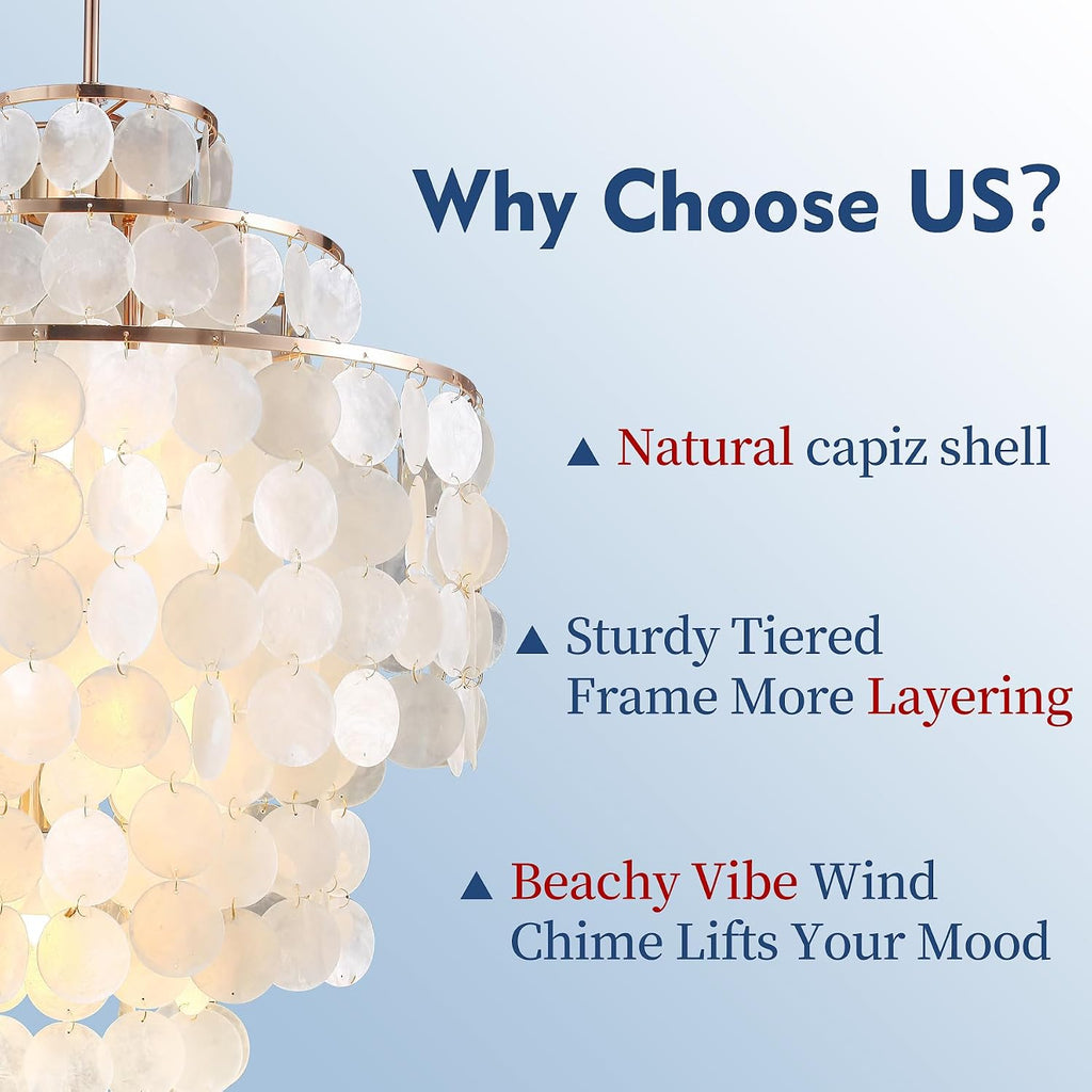 Capiz Shell Chandelier,18' Gold Coastal Chandelier Light Fixture with 4 Lights Capiz Seashell Pendant for Living Room Foyer Kitchen Island Entryway Dining Room Bedroom,LED Bulb Included