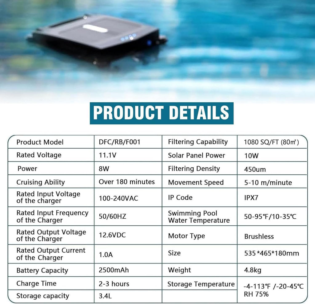 Automatic Cordless Robot Solar Powered Pool Skimmer Cleaner for All Swimming Pool Sur-Face, with App Support, Shallow Water Safeguard, and Twin Salt Chlorine Tolerant Motors