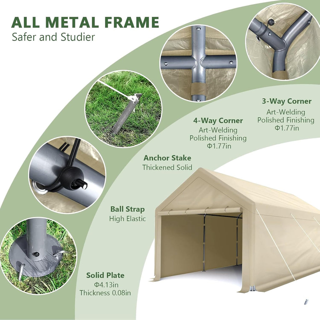 10x20 FT Heavy Duty Carport Car Tent Car Canopy Storage Shed, Portable Garage with Removable Sidewalls & Doors All-Season Tarp for Car,Truck,SUV,Party Beige