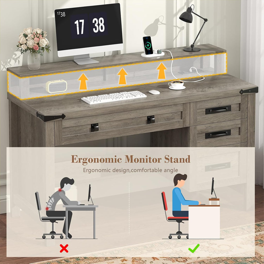 YOMILUVE Farmhouse Computer Desk with Drawers, 47' Small Computer Desk with Power Outlets, Home Office Desk with Monitor Stand & 4 Drawers, Writing Study Table, Grey