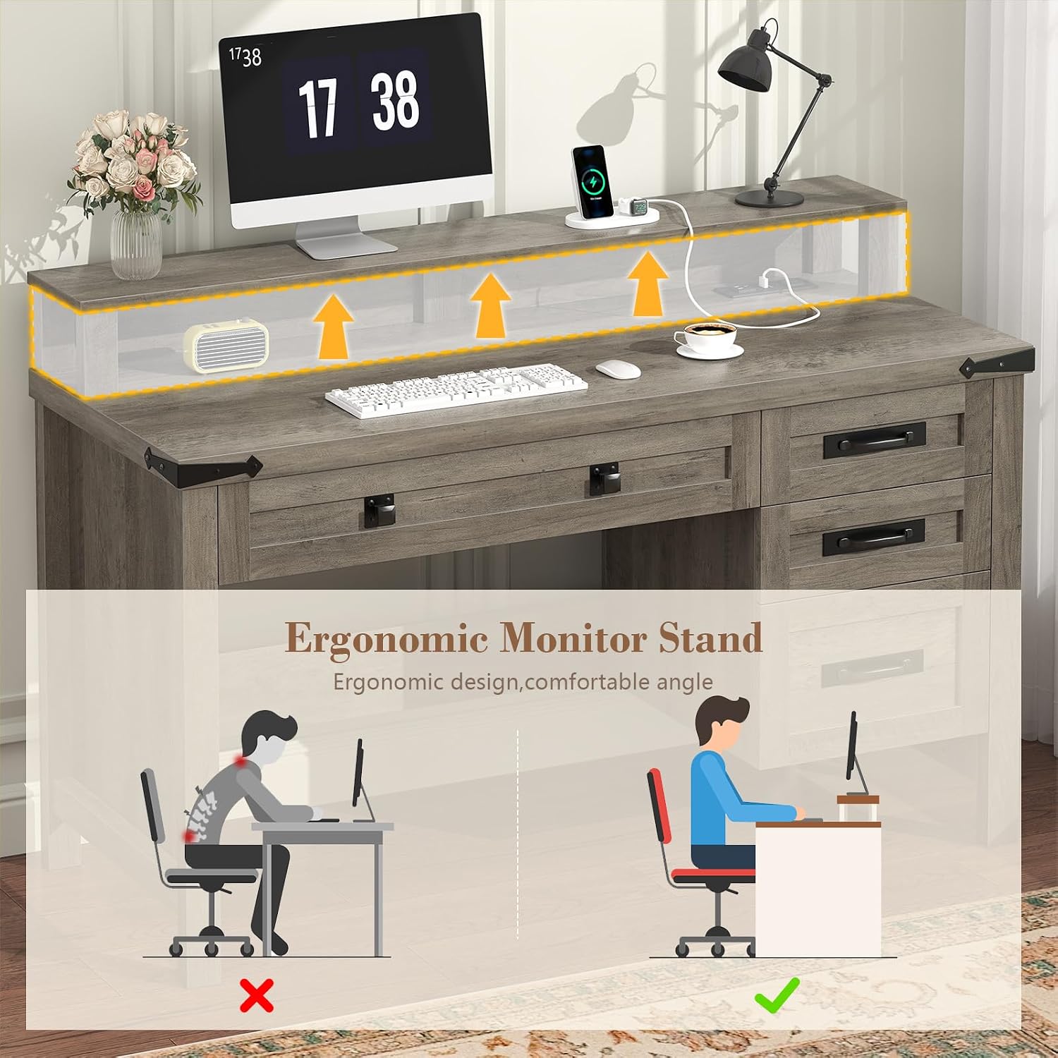 YOMILUVE Farmhouse Computer Desk with Drawers, 47' Small Computer Desk with Power Outlets, Home Office Desk with Monitor Stand & 4 Drawers, Writing Study Table, Grey