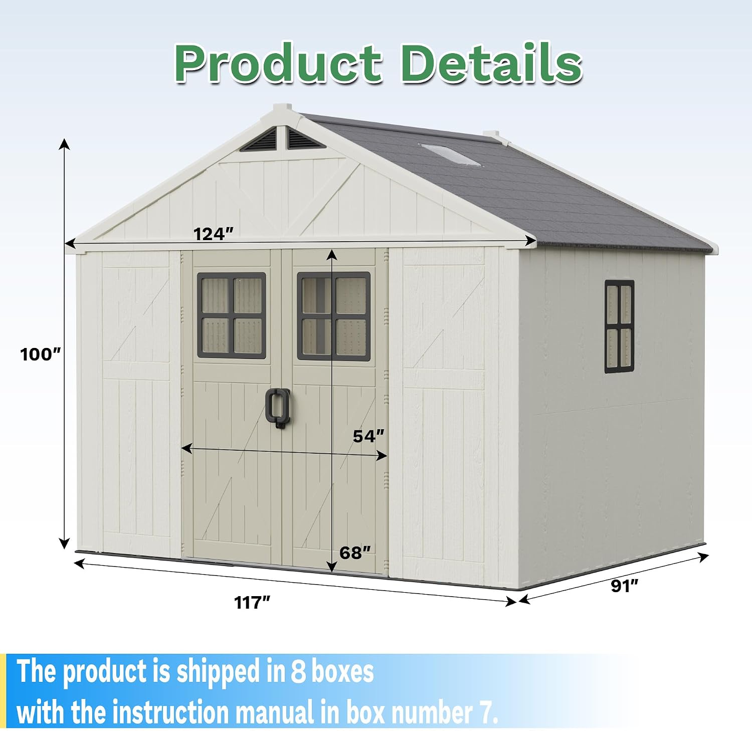 Greesum 10×8FT Plastic Outdoor Storage Shed with Floor and Lockable Door, Resin Sheds with Windows and Skylights, Organization for Garden, Backyard, Pool Supplies, Beige