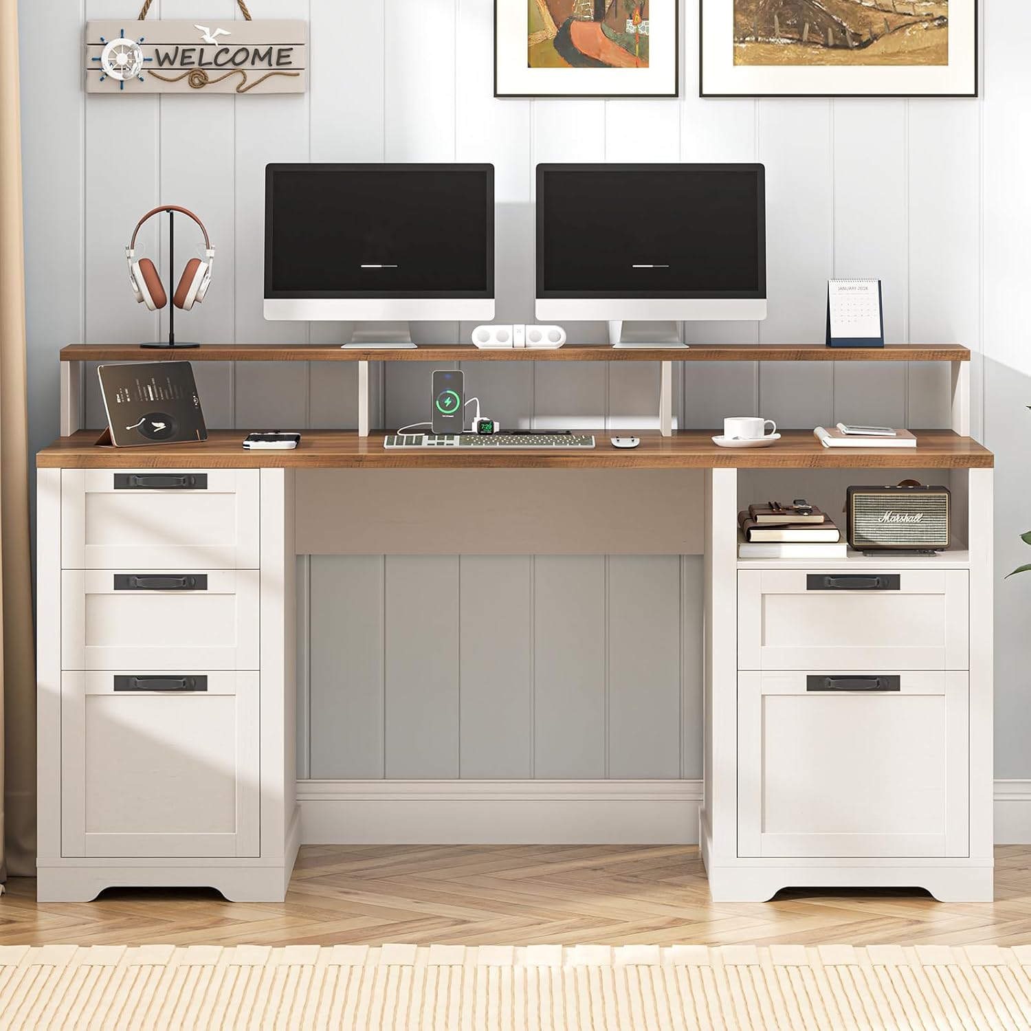 Vabches 61' Farmhouse Executive Desk with LED Lights and Power Outlets,Computer Desk with Monitor Stand & File Drawers,Large Workspace with Storage Drawers for Home Office,Study,White