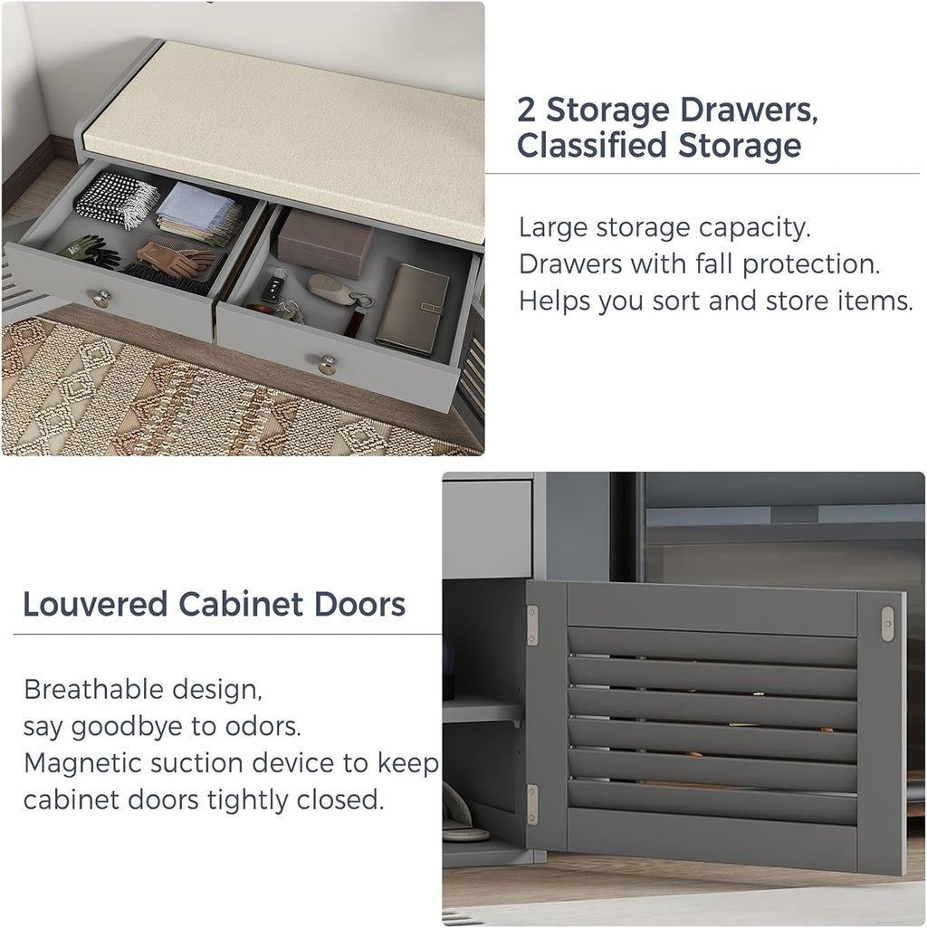 WARMHONIU Shoe Storage Bench with 2 Drawers, Entryway Bench with Cushion, Adjustable Shelves, Shoe Rack Bench with Louvered Doors for Entryway, Bedroom, Hallway, White