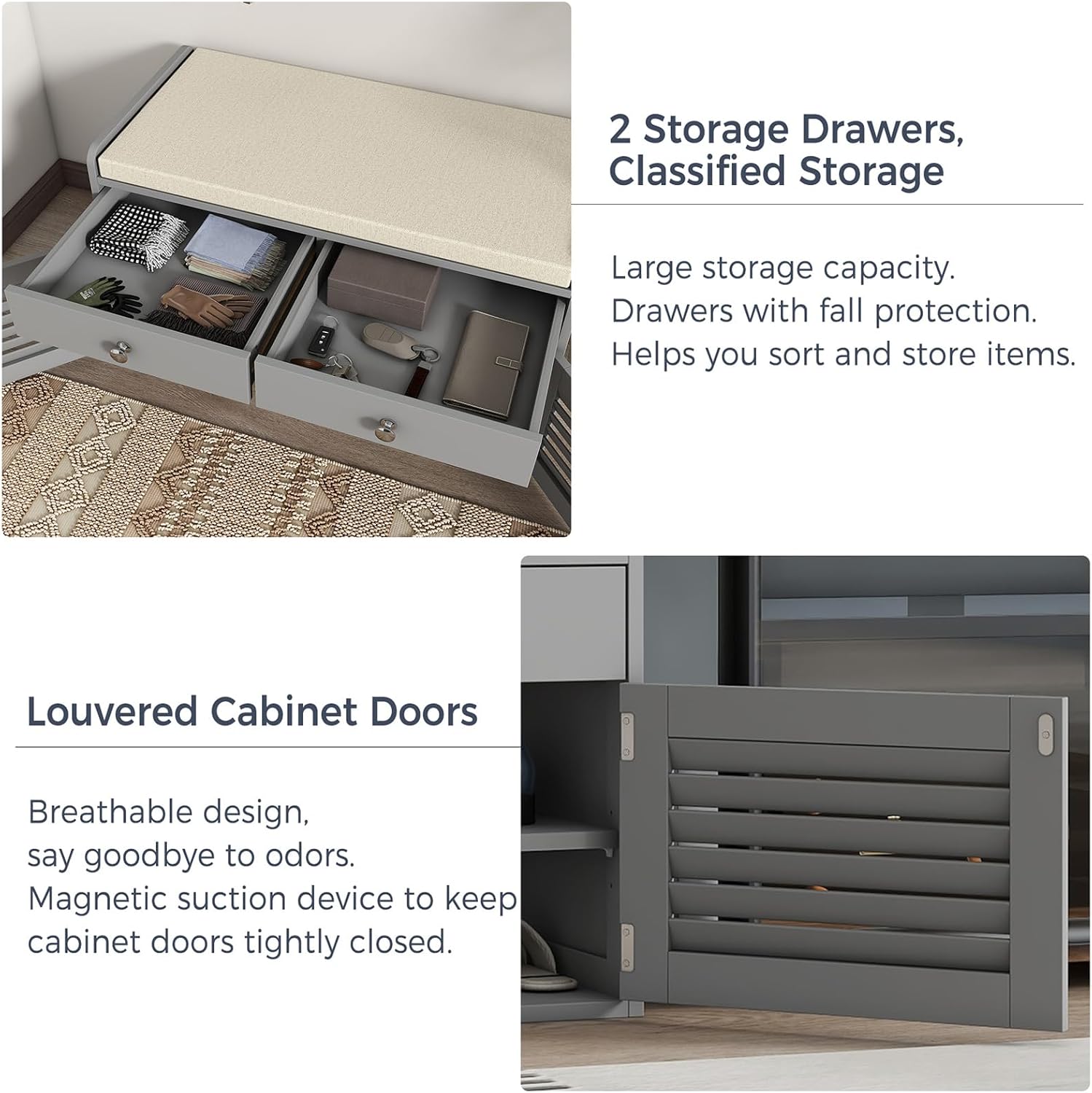 WARMHONIU Shoe Storage Bench with 2 Drawers, Entryway Bench with Cushion, Adjustable Shelves, Shoe Rack Bench with Louvered Doors for Entryway, Bedroom, Hallway, White