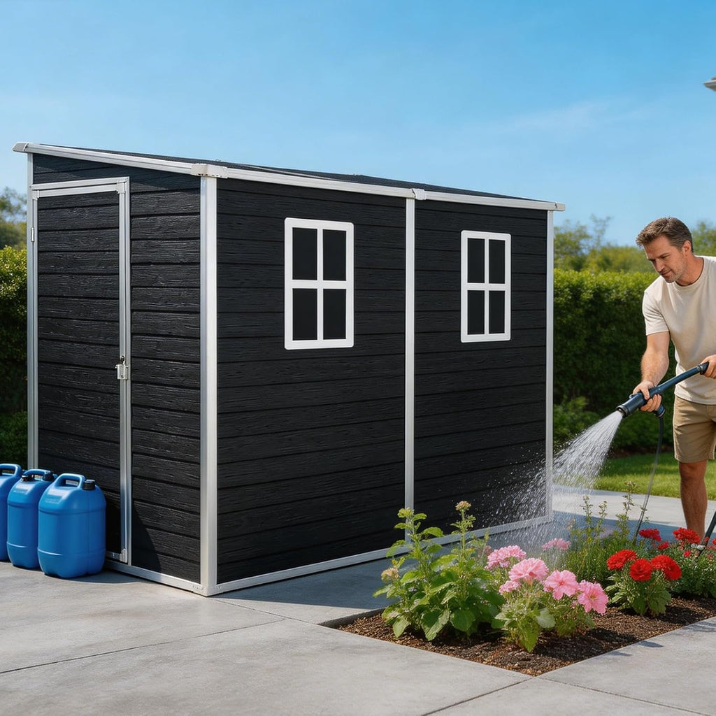 Resin Shed with Floor Included, Outdoor Resin Shed, 4x8FT Storage Shed with Floor Included with Two Windows, Lockable Doors for Garden Tools
