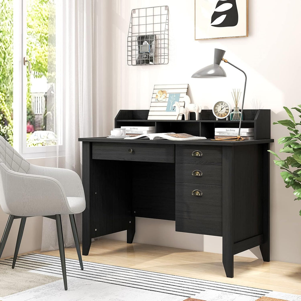 48' Vintage Computer Desk with 4 Storage Drawers & Top Hutch, Home Office Workstation with Drawer & Monitor Stand, Wooden Study Work Writing Table (Black)