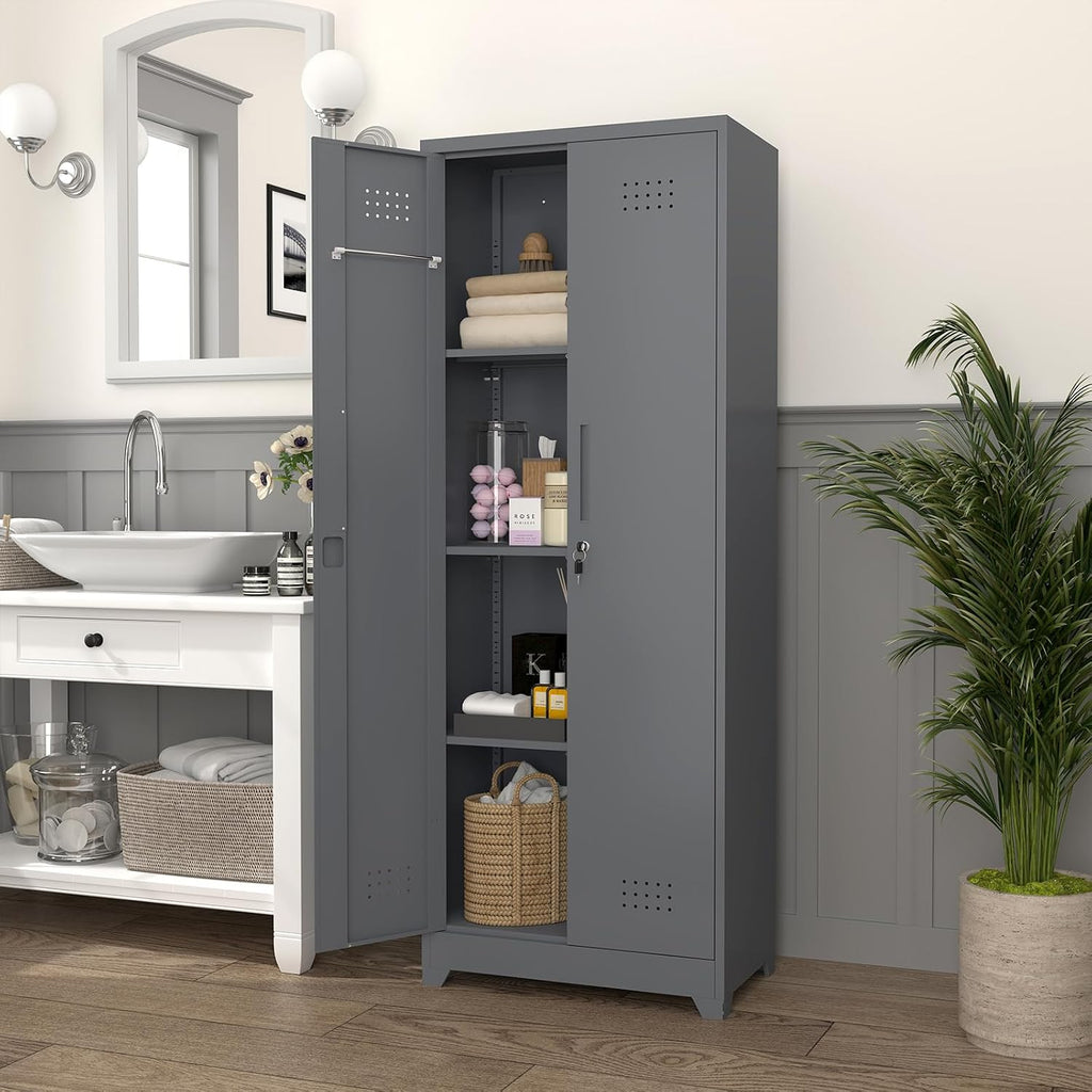 LUCYPAL 65' H Metal Garage Storage Cabinet with Shelves and Lock,Broom Closet Storage Cabinet with Hanging Rods for Mops,Garage Tool Cabinets for Utility Room,Laundry Room,Grey