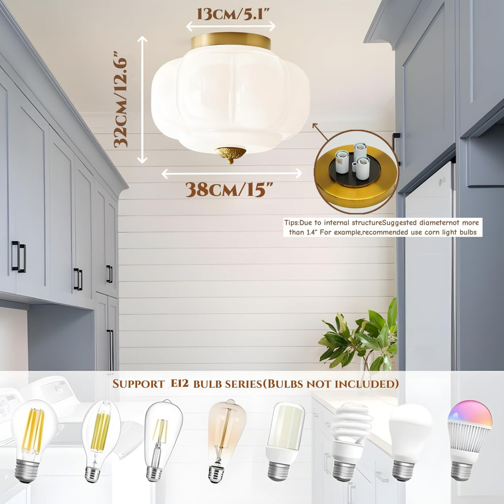 Bofea-Modern Semi Flush Mount Ceiling Light,Brass Gold Ceiling Light with Milk Glass Shade,Farmhouse Kitchen Lighting Fixtures Ceiling, LED Lights for Bedroom Schoolhouse Laundry Room