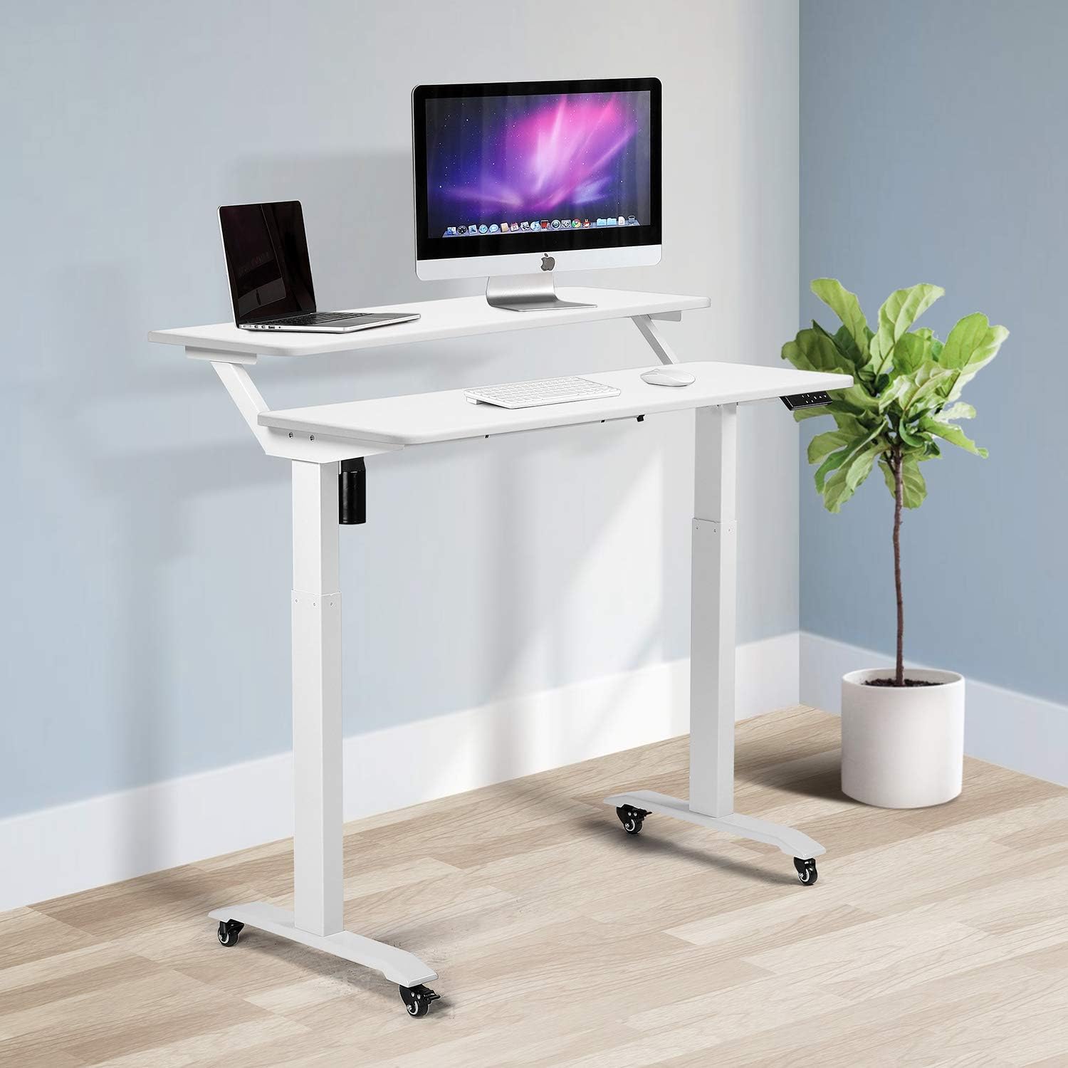 UNICOO Electric Height Adjustable 2-Tier Raising Desk with Wheels, Mobile Standing Desk with Monitor Stand, Ergonomic Adjustable Computer Table, Electric Standing Game Table for Home Office