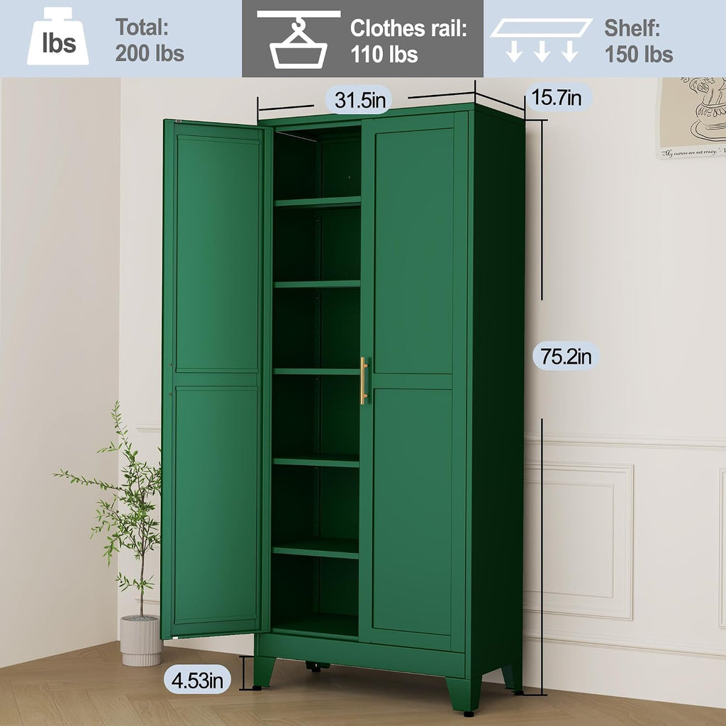 Green Metal Storage Cabinet,75' Steel Cabinets for Home Office, Kitchen Pantry Storage Cabinet with Doors and 5 Adjustable Shelves, Tool Cabinets, for Office, Home, Garage, School
