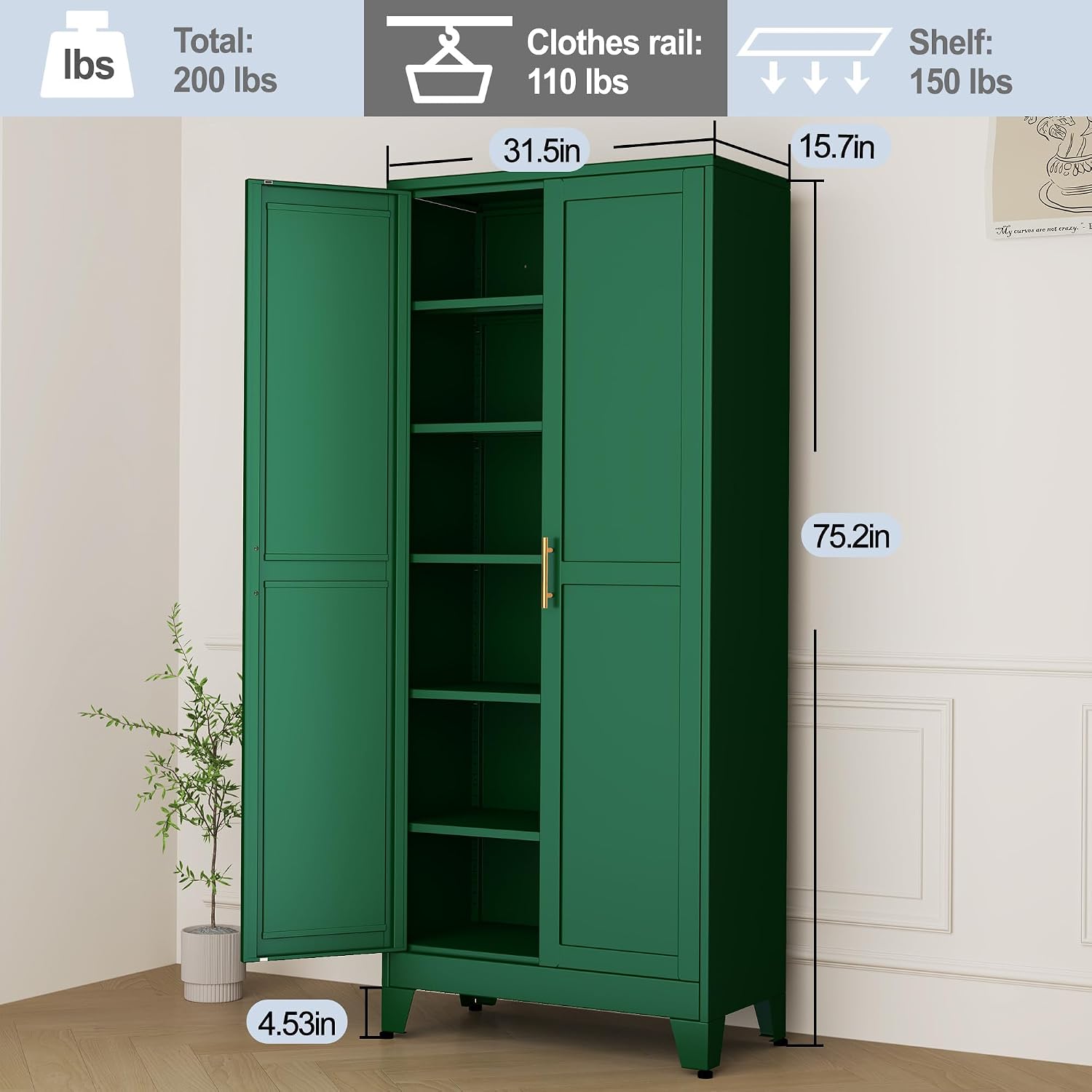 Green Metal Storage Cabinet,75' Steel Cabinets for Home Office, Kitchen Pantry Storage Cabinet with Doors and 5 Adjustable Shelves, Tool Cabinets, for Office, Home, Garage, School