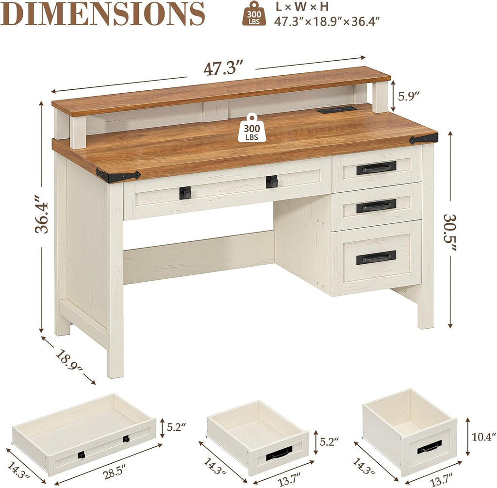 YOMILUVE Farmhouse Executive Desk with Drawers, 47' Computer Desk with Power Outlets, Home Office Desk with Monitor Stand & 4 Drawers, Small Desk Writing Study Table, Antique White