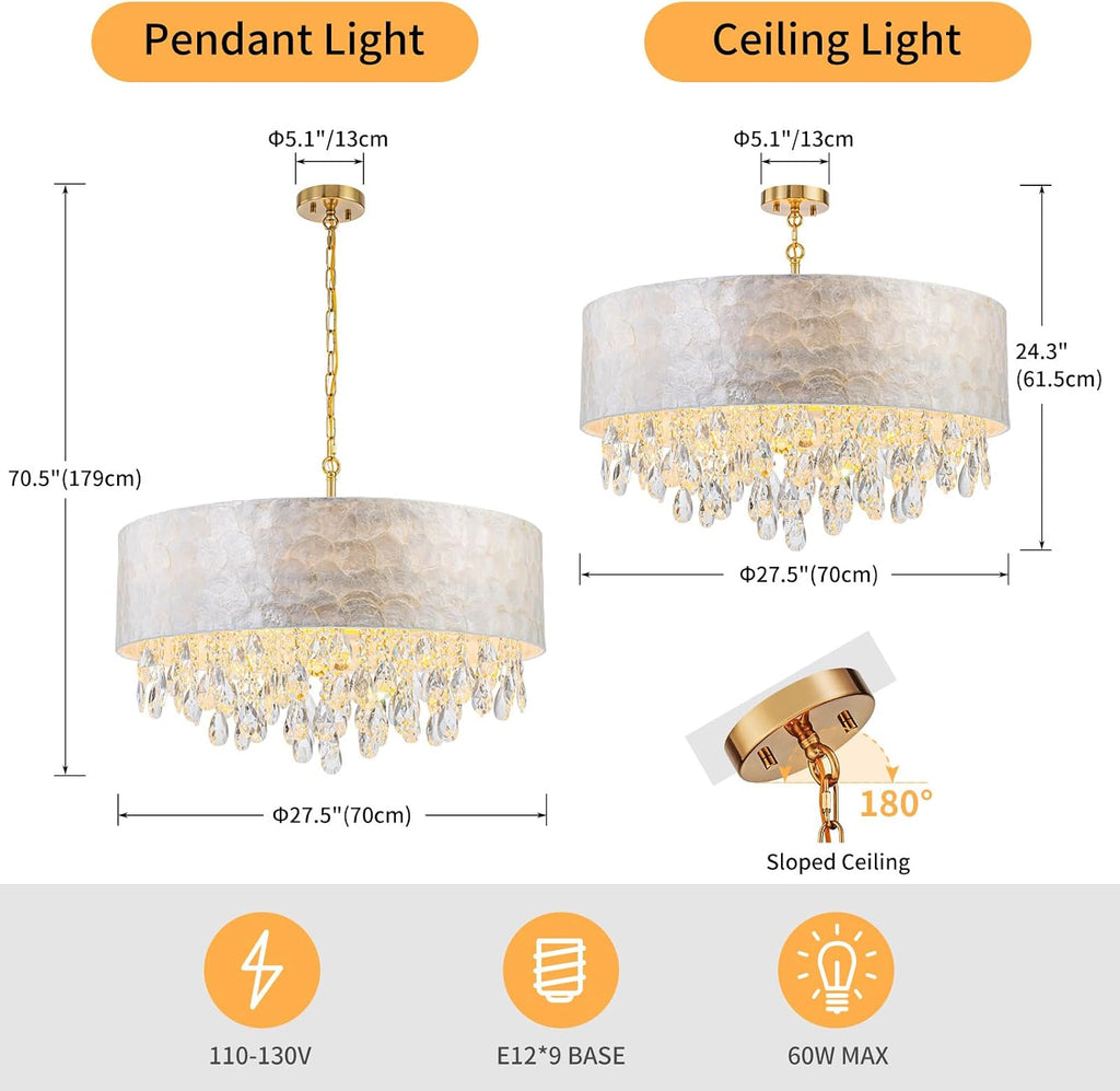 LumFurn 8-Light Drum Capiz Shell Crystal Chandeliers, Coastal Style Pendant Light Fixture for Dining Room, Living Room, D24 x H23~71 inch(Adjustable), Shell Lampshade & Gold Finish