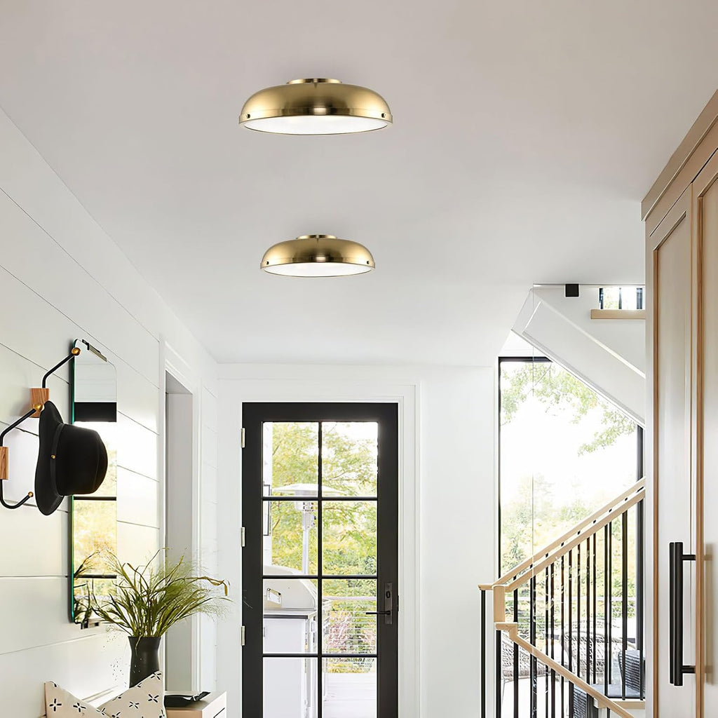 Kira Home Alston 14' Mid Century Modern Gold Semi Flush Mount with Frosted Glass Diffuser, 3-Light Low Profile Dome Gold Ceiling Light, Cool Brass Finish