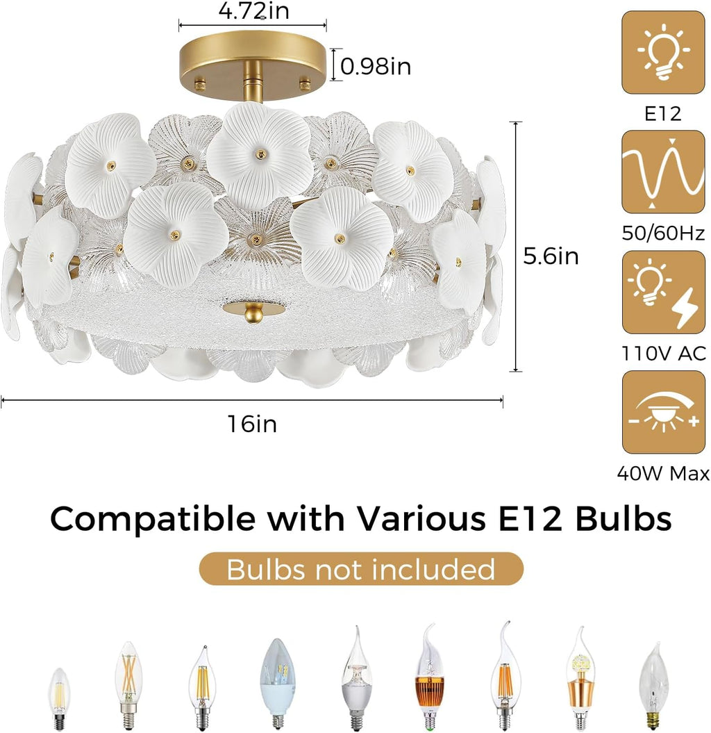 16' Gold Flower Ceiling Light, Glass Semi Flush Mount Ceiling Light, 3-Light Modern Drum Chandelier Ceramic Pendant Lighting for Kitchen, Dining Room, Living Room, Bedroom, Closet, Hallway, Entryway