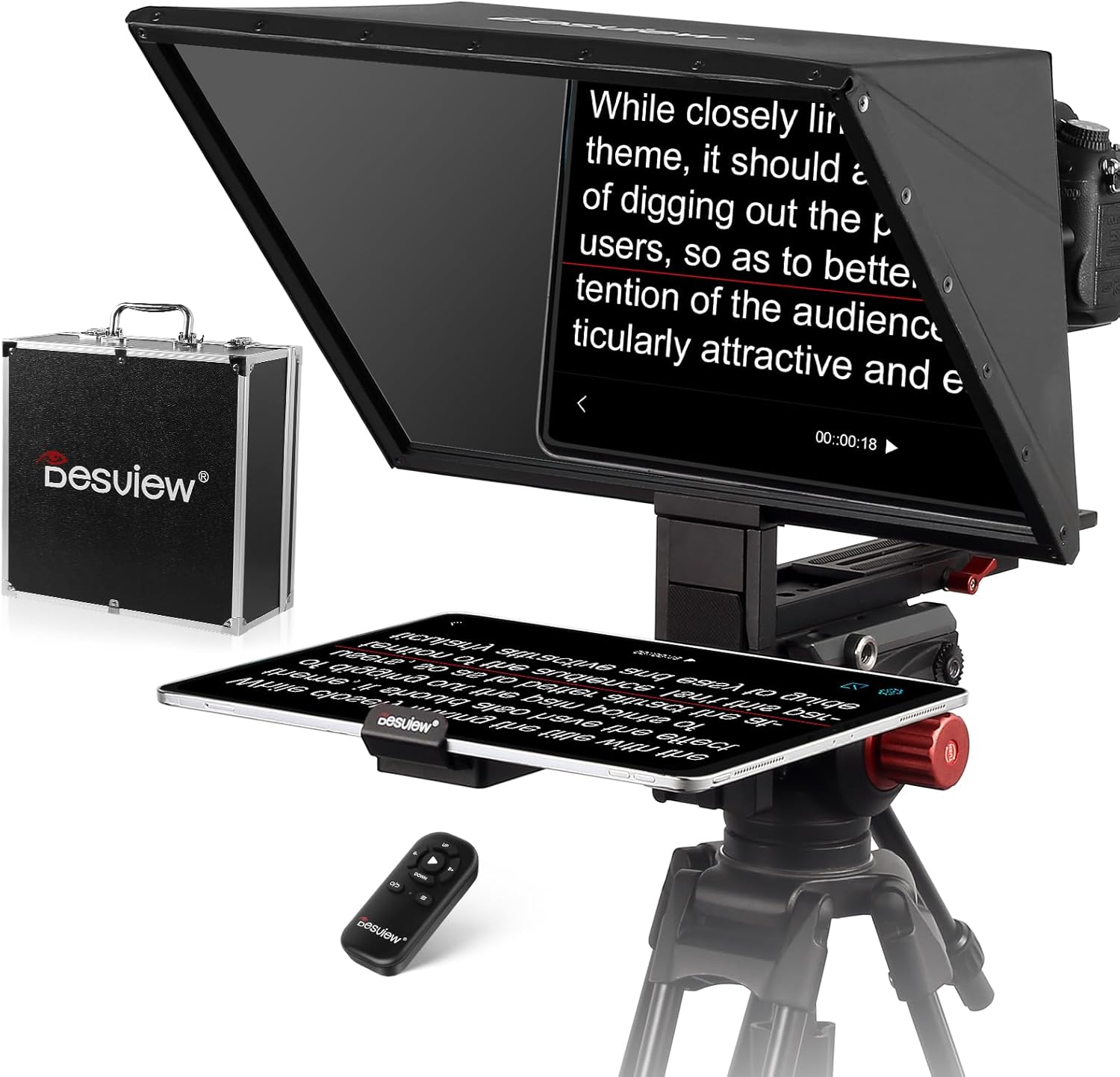 Desview TP170 teleprompter 17 inch High Display Glass Aluminum Alloy Liftable Teleprompter with Remote Control Compatible with ipad DSLR Camcorders Easy Assembly with Carry Case for Video Making