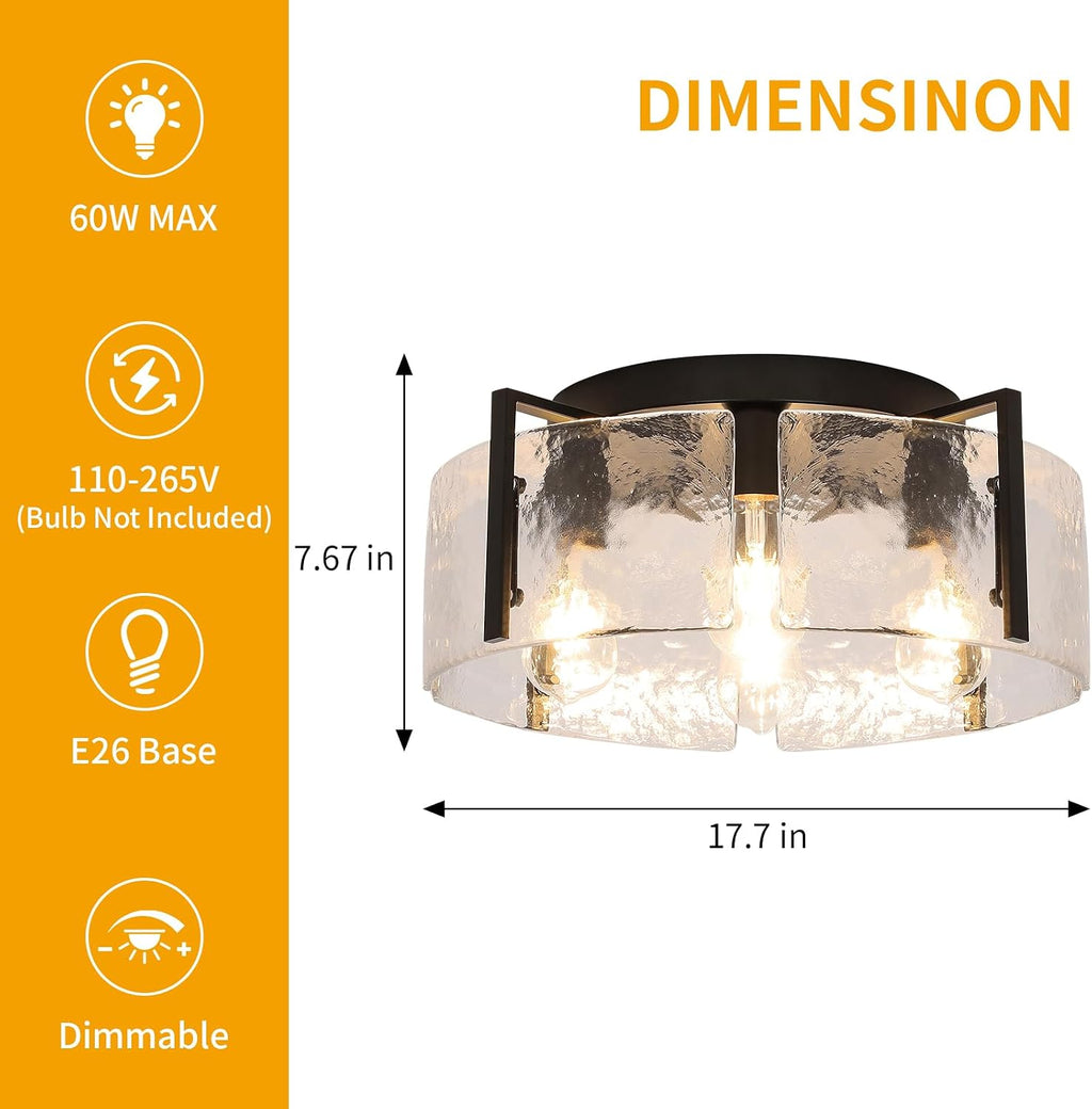 Modern 4-Light Flush Mount Ceiling Light with Hammered Glass Shade, Industrial Close to Ceiling Lighting Fixture in Matte Black for Hallway, Entryway, Bedroom, Kitchen, Dining Room, Living Room, Foyer