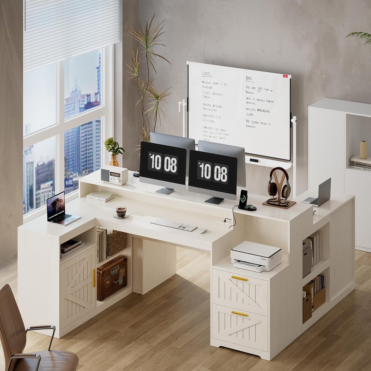 TVU Farmhouse L Shaped Desk with Drawers, 62.2' Home Office Desk with Storage Shelves and Power Outlet, L Shaped Computer Desk with Monitor Stand and Printer Shelf, White