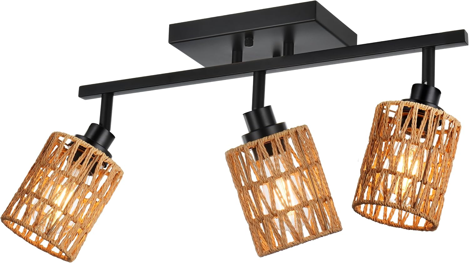MELUCEE 3 Light Track Lighting Fixtures Ceiling, Black Farmhouse Vanity Lighting Fixtures with Rotatable Light Head for Hallway Porch Foyer Bath Storage, Rattan Lamp Shade