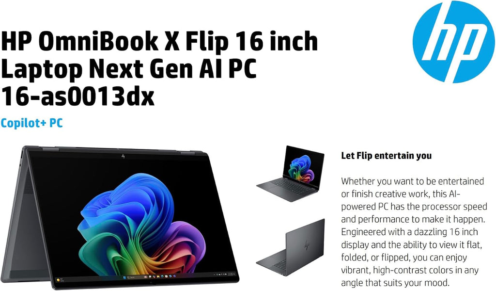 HP OmniBook AI Powered 2-in-1 Laptop 16.0' Touchscreen IPS WUXGA Display (Intel Ultra 5-226v, 16GB LPDDR5X, 512GB PCIe SSD, Backlit KB, Thunderbolt 4, WiFi 6E, Webcam, Win 11 Pro) w/Premium Backpack