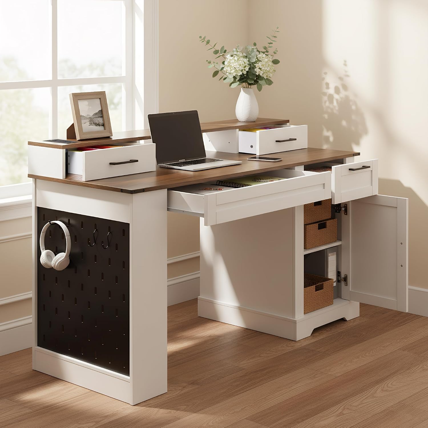 55' Farmhouse Computer Desk with Power Outlets, Removable Monitor Stand with Drawers, Convertible Keyboard Tray & Storage Cabinet, Home Office Writing Desk with Pegboard Organizer
