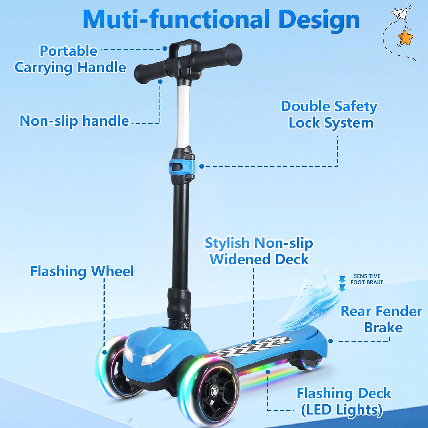 Electric Scooter for Kids Ages 3-12, Full Body Lights Up, Wide Deck, 3 Adjustable Heights, 5MPH Safe Speed, 90min Riding, Foldable 3 Wheel Electric Scooter for Kids Boys Girls Toddler