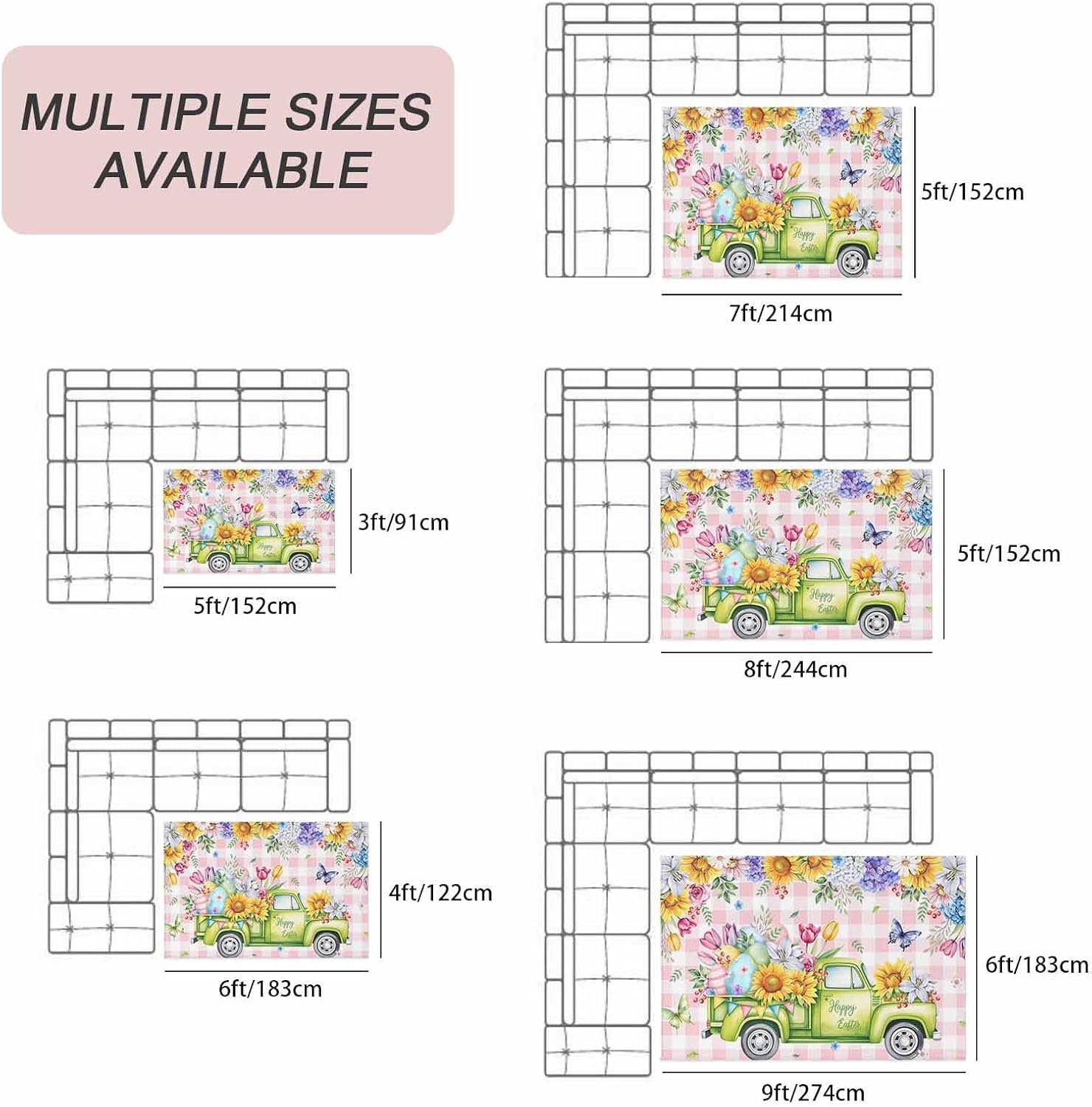Spring Easter Outdoor Rug for Patio/Deck/Porch, Non-Slip Large Area Rug 6 x 9 Ft, Colorful Eggs Floral Truck Butterflies Pink Plaid Indoor Outdoor Rugs Washable Area Rugs, Camping Rug Carpet Runner