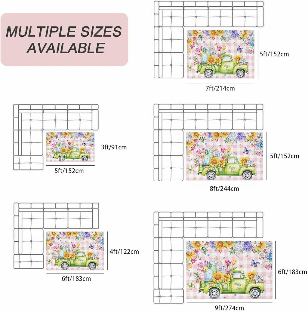 Spring Easter Outdoor Rug for Patio/Deck/Porch, Non-Slip Large Area Rug 5 x 8 Ft, Colorful Eggs Floral Truck Butterflies Pink Plaid Indoor Outdoor Rugs Washable Area Rugs, Camping Rug Carpet Runner