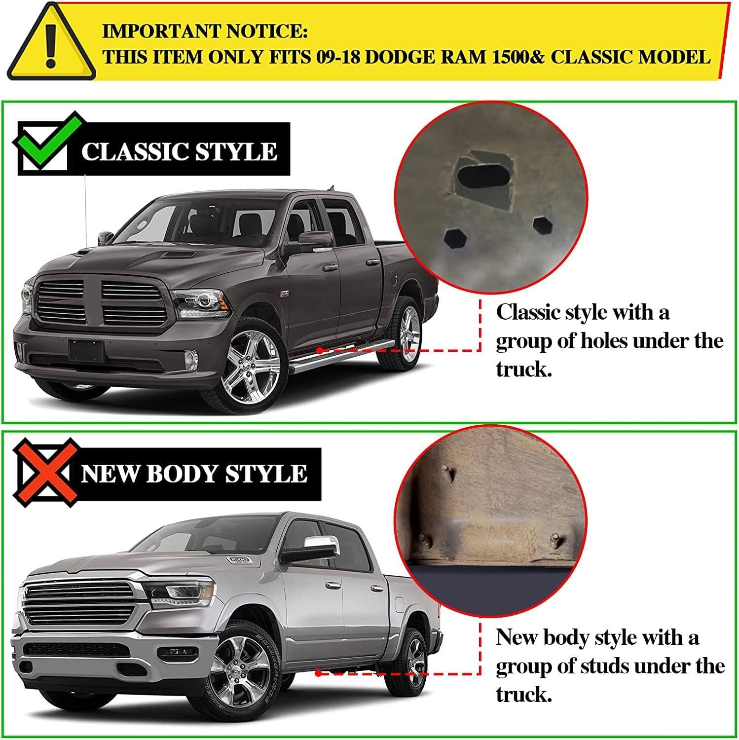 COMNOVA 6 Inch Quad Cab Running Boards Compatible with Dodge Ram 1500 Quad Cab 2009-2018(Incl. 2019+ Classic)/10-24 Ram 2500 3500, Carbon Steel Step Bars, Extended Cab Side Steps Nerf Bars.