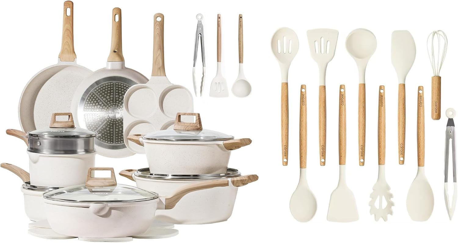 CAROTE 31Pcs Cookware Utensil Set, Pots and Pans Set, Silicone Cooking Utensils Set