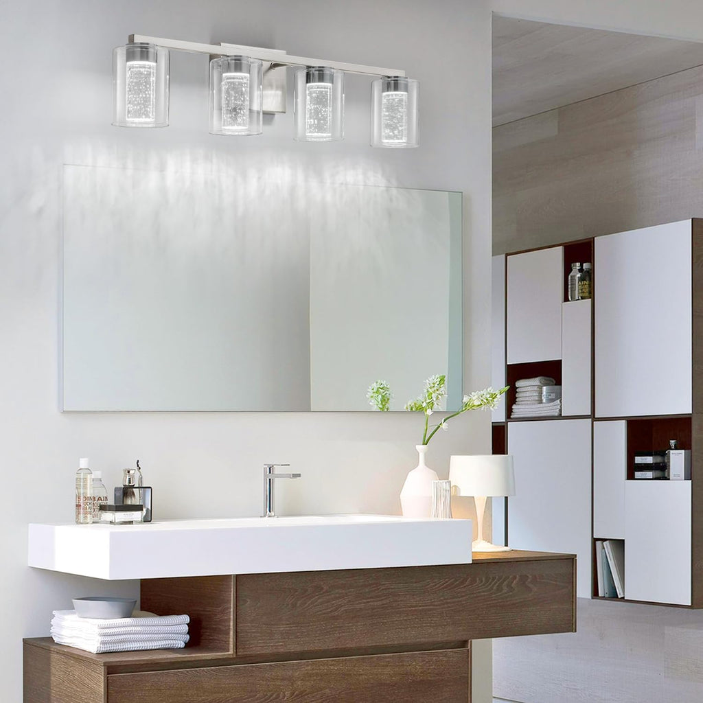 SineRise 4-Light Brushed Nickel Vanity Light with 3 Color Modes (3000K/4000K/6000K), Eye Protection LED Bathroom Light Fixture, Dimmable Modern Wall Light Over Mirror with Clear Glass Shade