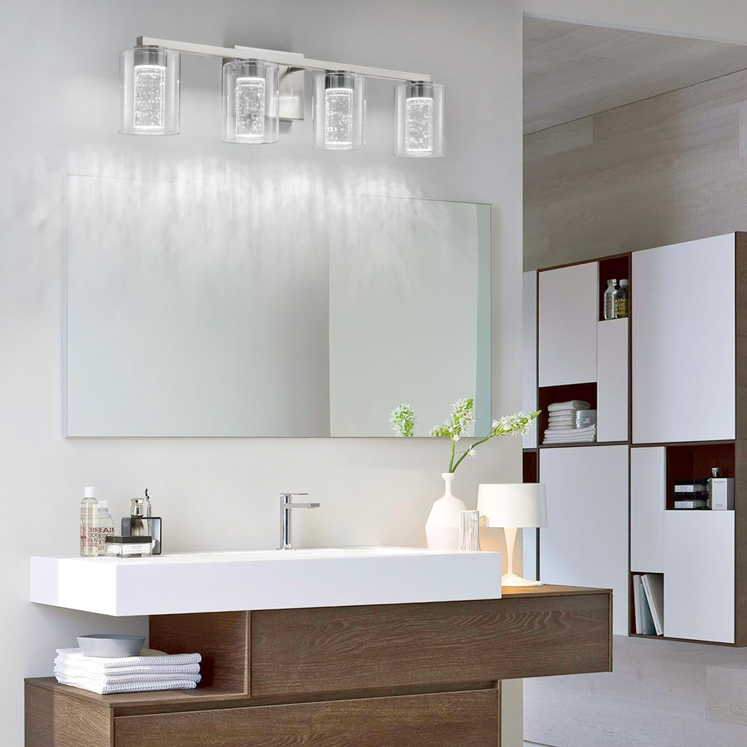 SineRise 4-Light Brushed Nickel Vanity Light with 3 Color Modes (3000K/4000K/6000K), Eye Protection LED Bathroom Light Fixture, Dimmable Modern Wall Light Over Mirror with Clear Glass Shade